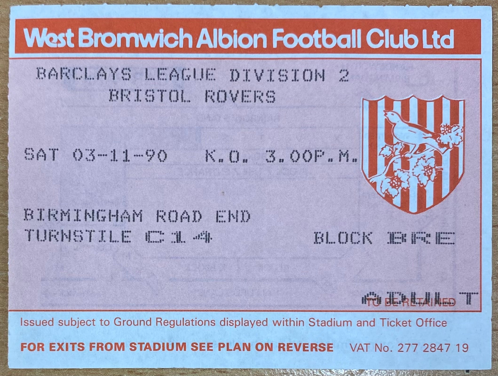 1990/91 ORIGINAL DIVISION 2 TICKET WEST BROMWICH ALBION V BRISTOL ROVERS