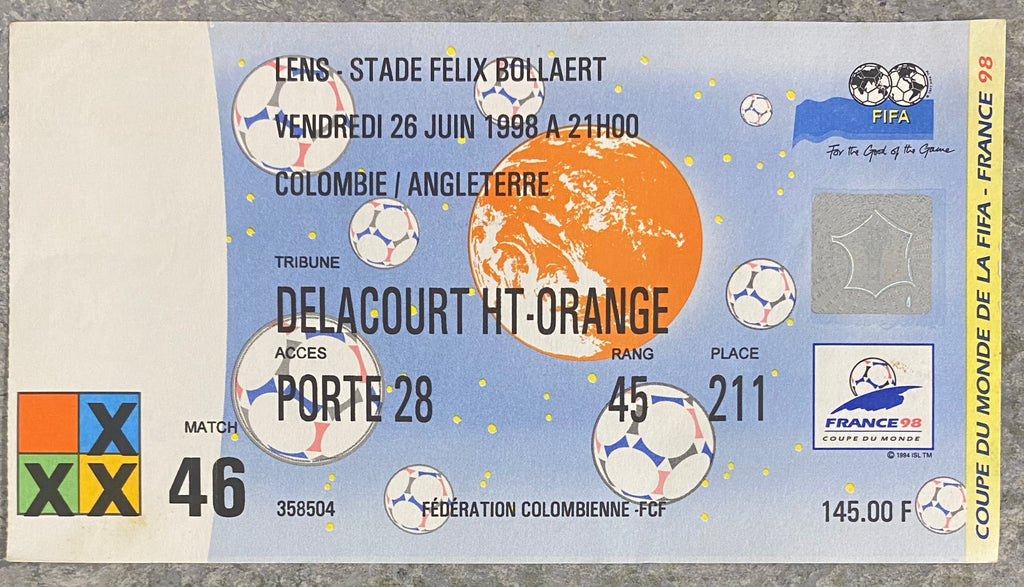 1998 ORIGINAL WORLD CUP 1ST ROUND TICKET ENGLAND V COLOMBIA @ LENS