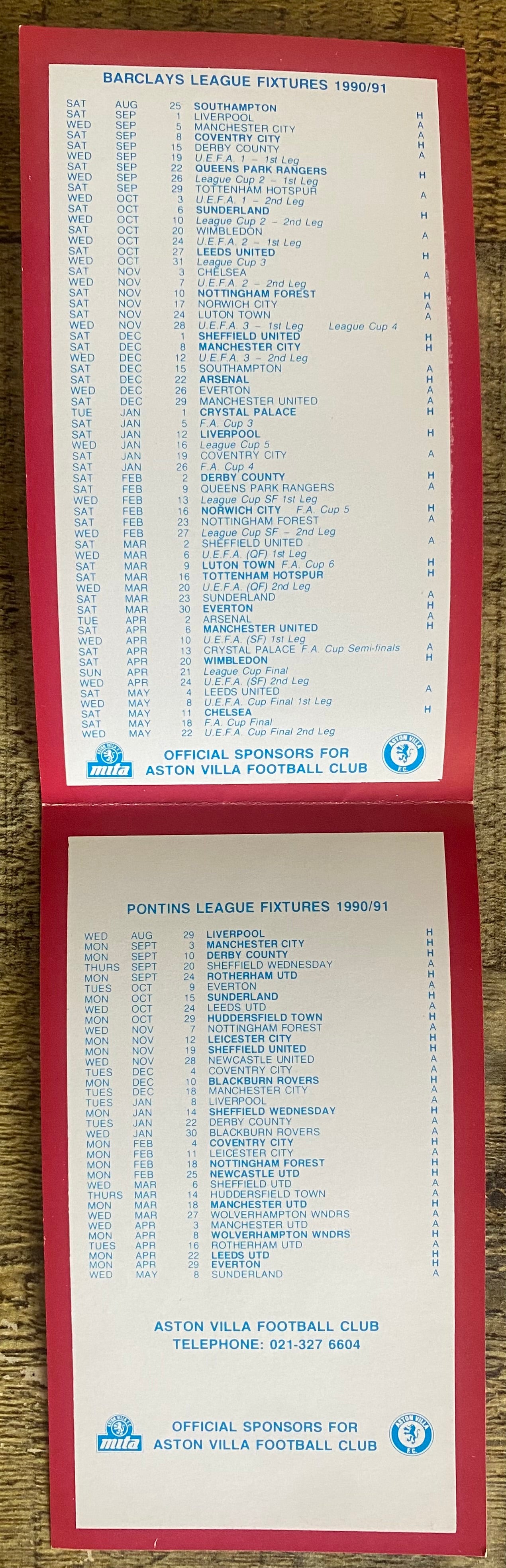 1990/91 ORIGINAL CLUB ISSUED FIXTURE LIST FOR ASTON VILLA