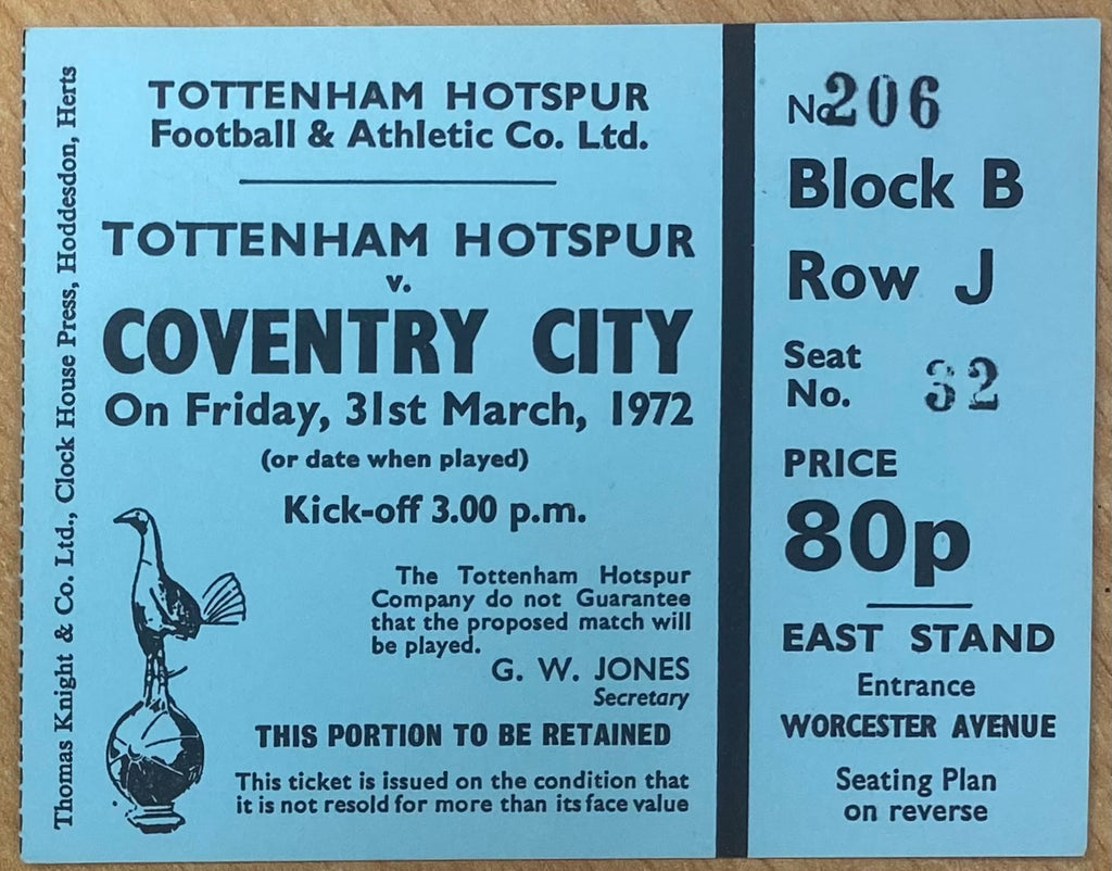 1971/72 ORIGINAL DIVISION ONE TICKET TOTTENHAM HOTSPUR V COVENTRY CITY