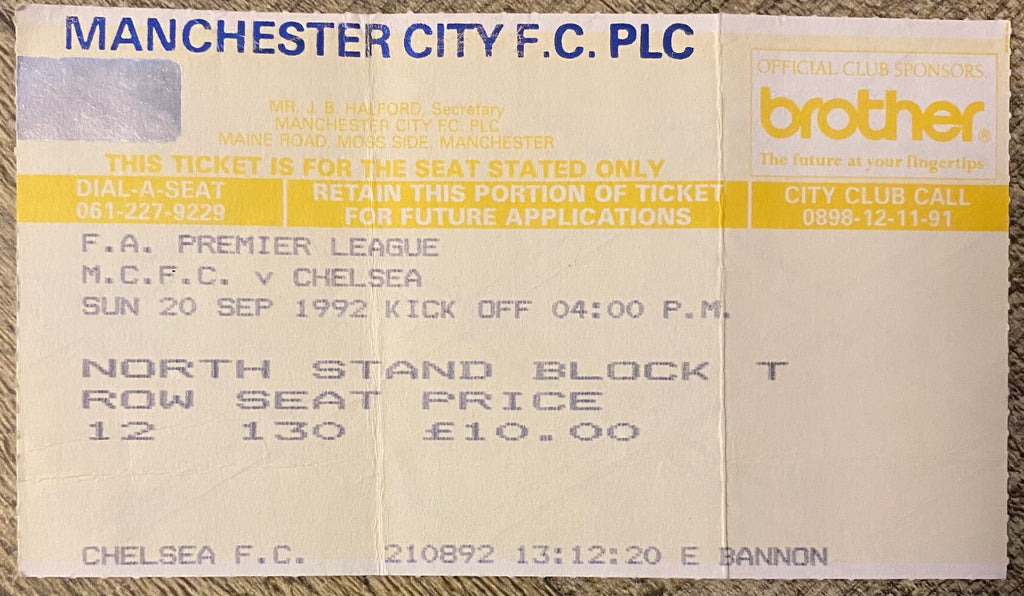 1992/93 ORIGINAL PREMIER LEAGUE TICKET MANCHESTER CITY V CHELSEA