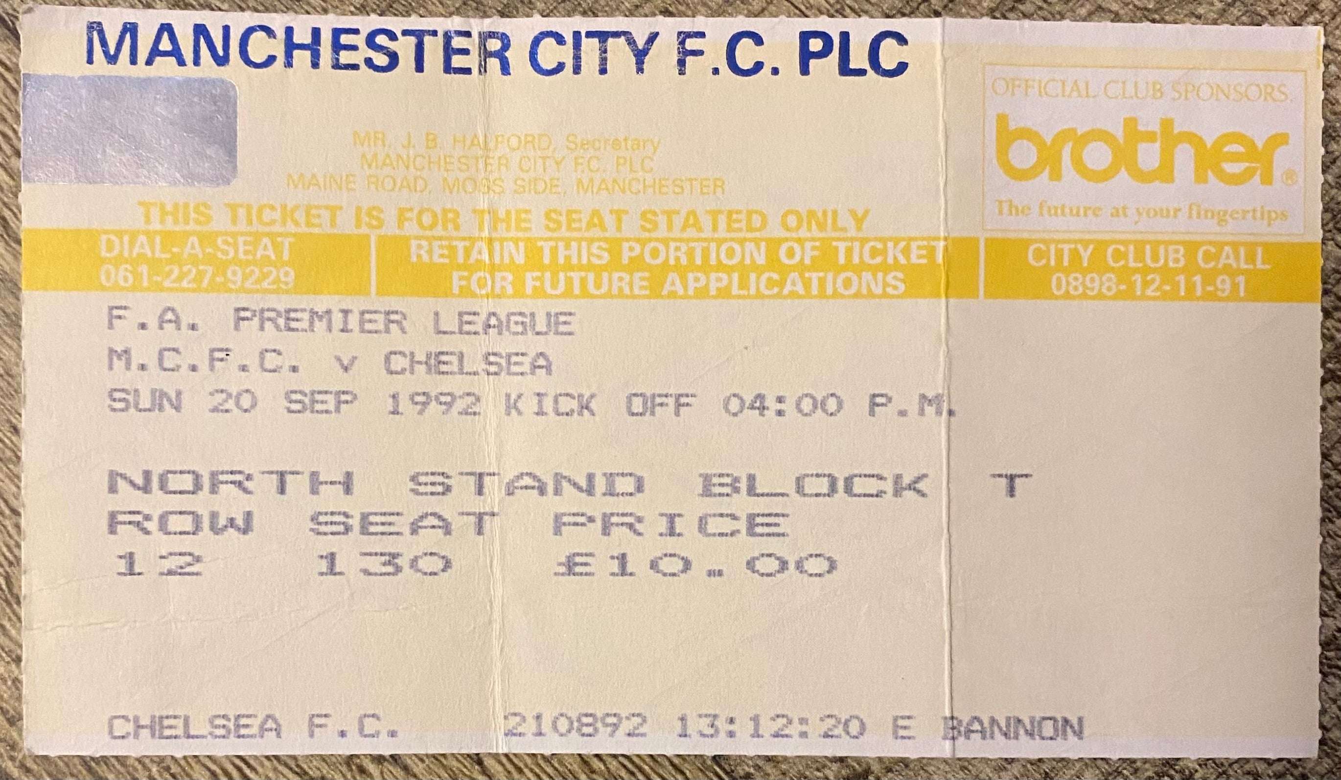 1992/93 ORIGINAL PREMIER LEAGUE TICKET MANCHESTER CITY V CHELSEA
