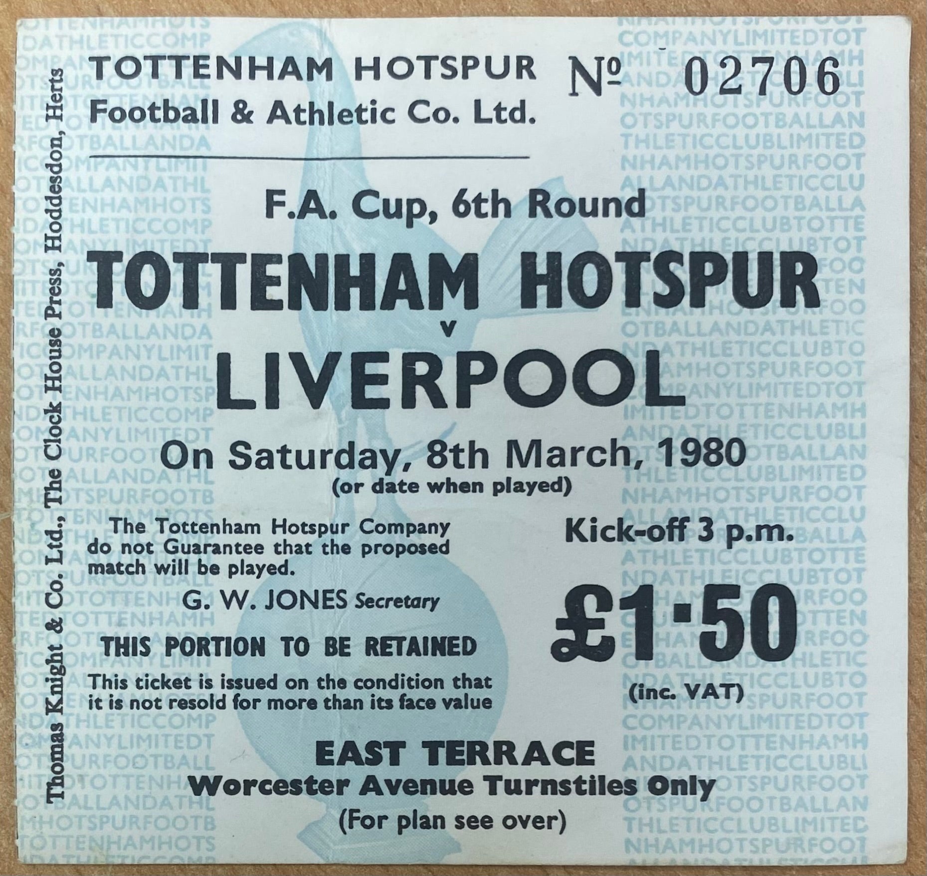 1979/80 ORIGINAL FA CUP 6TH ROUND TICKET TOTTENHAM HOTSPUR V LIVERPOOL
