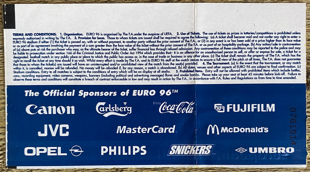1996 ORIGINAL EUROPEAN CHAMPIONSHIPS EURO 96 SEMI FINAL TICKET ENGLAND V GERMANY @ WEMBLEY