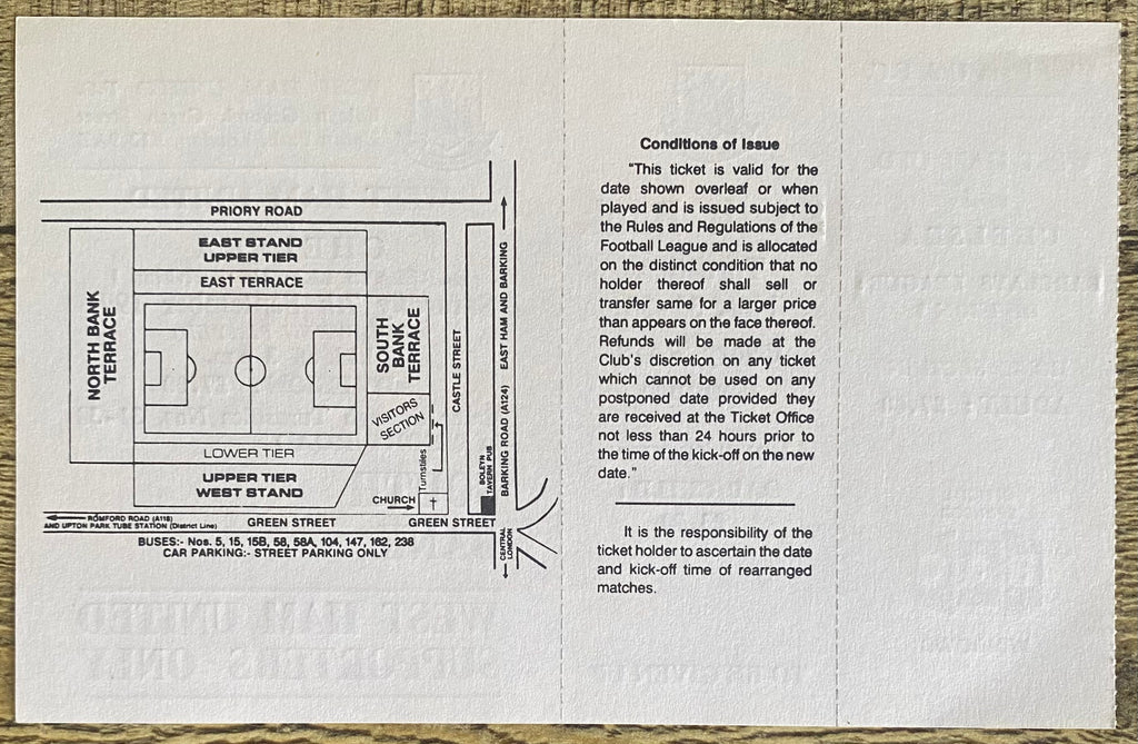 1991/92 ORIGINAL DIVISION 1  UNUSED TICKET WEST HAM UNITED V CHELSEA
