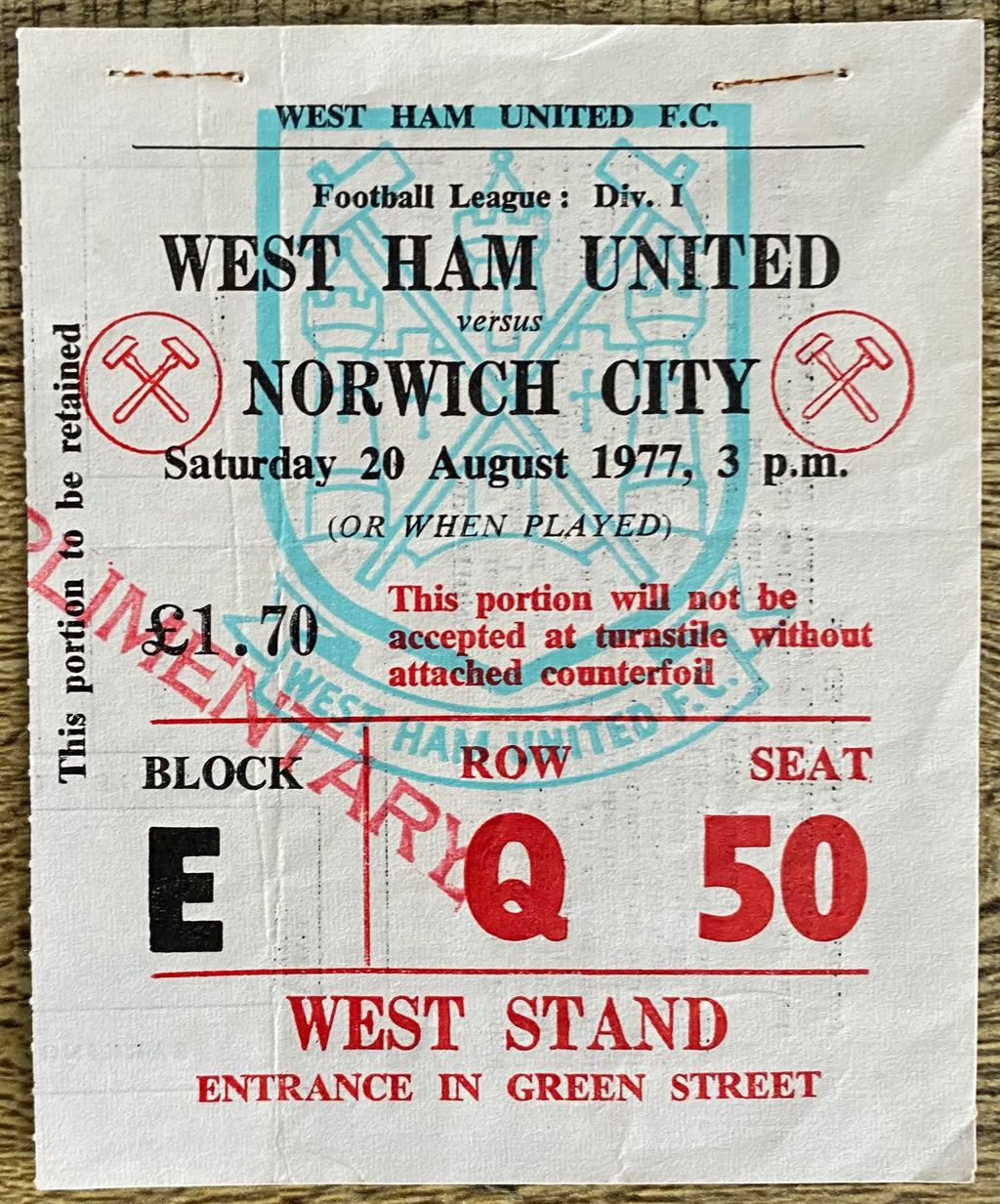 1977/78 ORIGINAL DIVISION ONE TICKET WEST HAM UNITED V NORWICH CITY