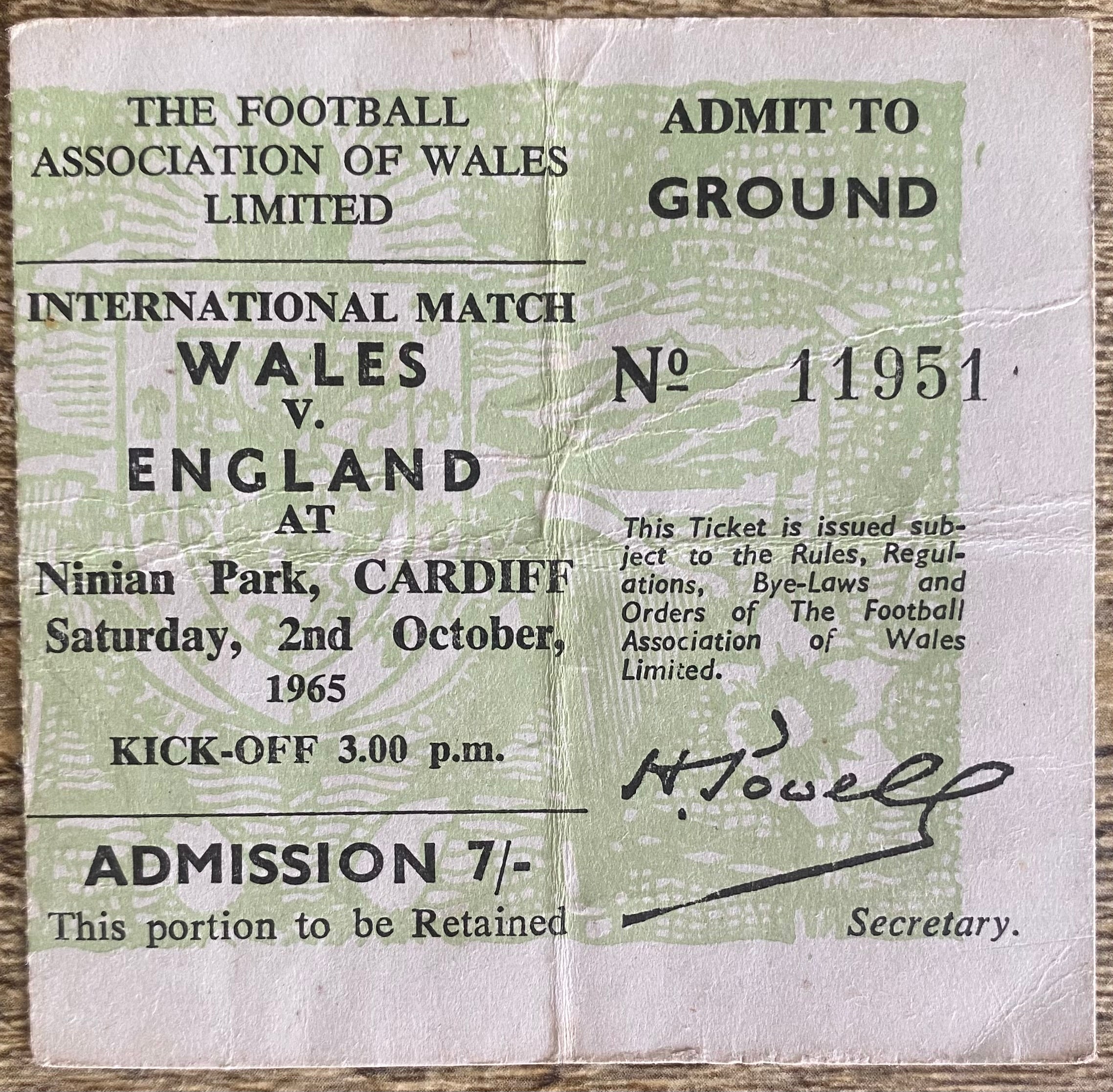 1965 ORIGINAL BRITISH HOME INTERNATIONAL CHAMPIONSHIPS TICKET WALES V ENGLAND