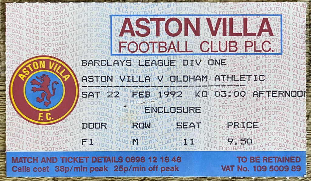 1991/92 ORIGINAL DIVISION 1 TICKET ASTON VILLA V OLDHAM ATHLETIC