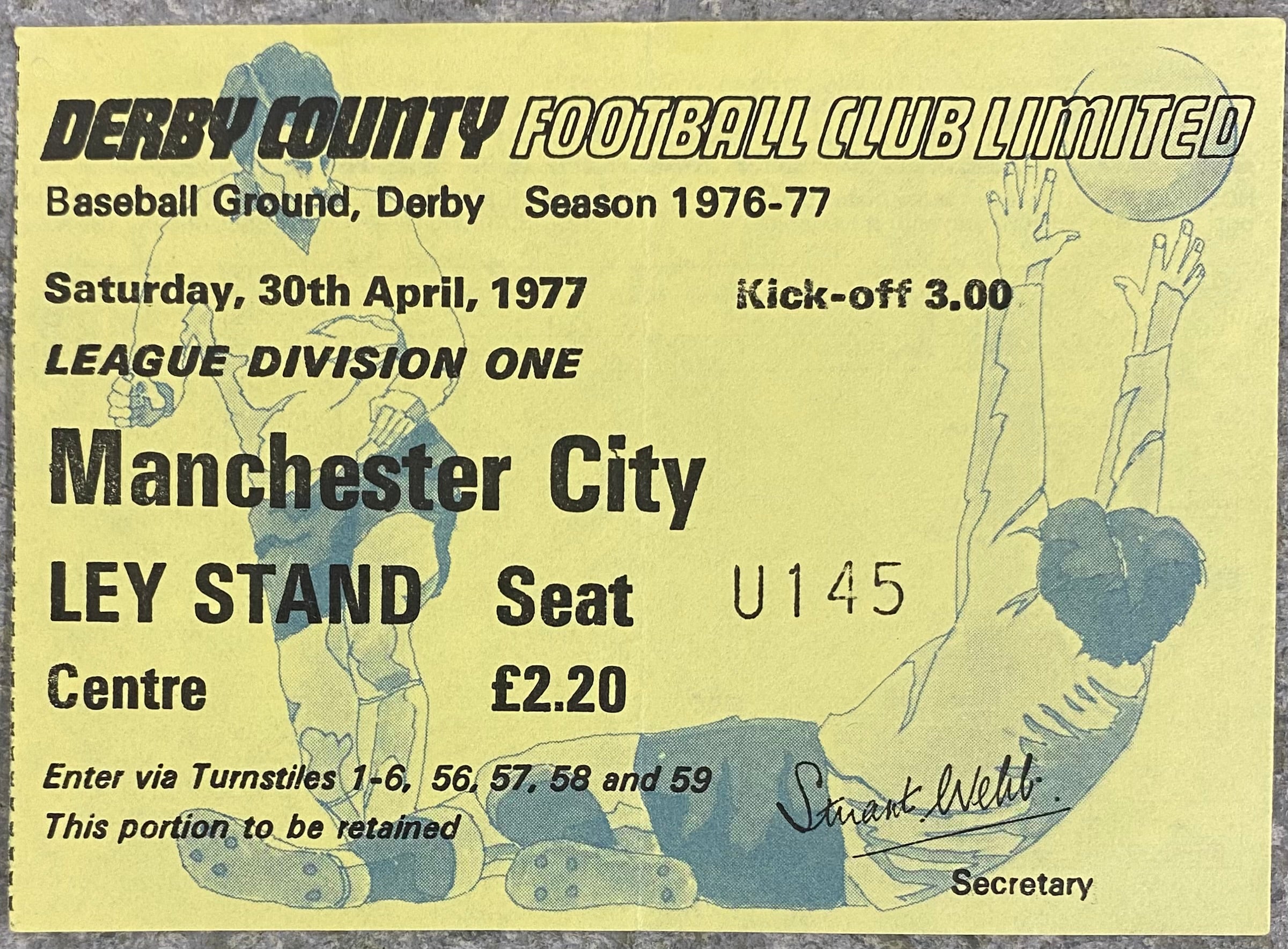 1976/77 ORIGINAL DIVISION 1 TICKET DERBY COUNTY V MANCHESTER CITY