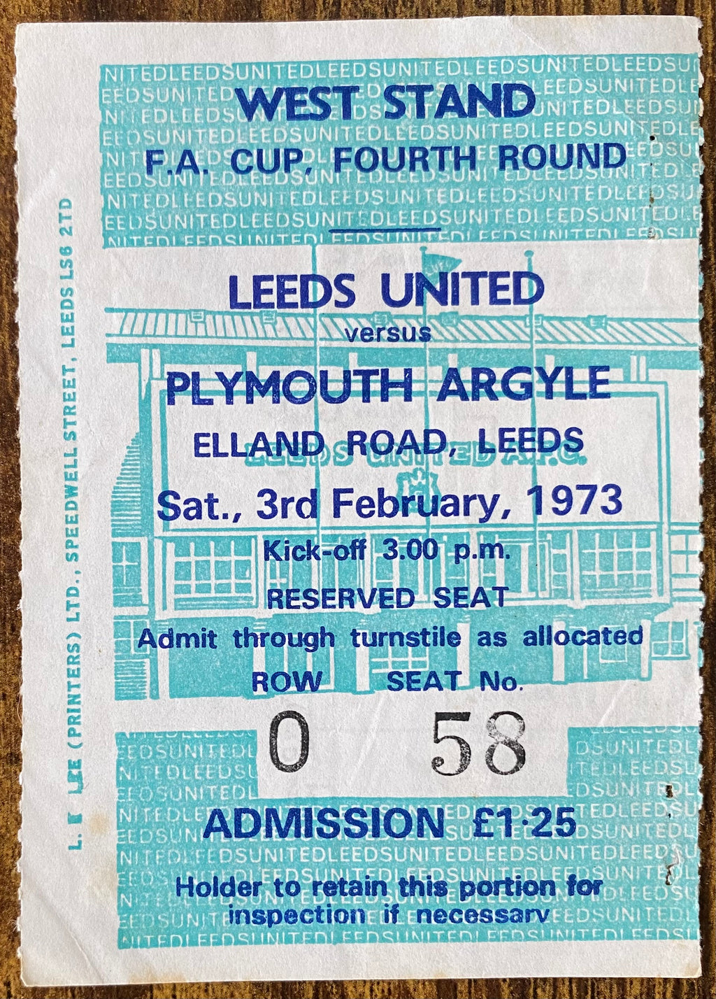 1972/73 ORIGINAL FA CUP 4TH ROUND TICKET LEEDS UNITED V PLYMOUTH ARGYLE
