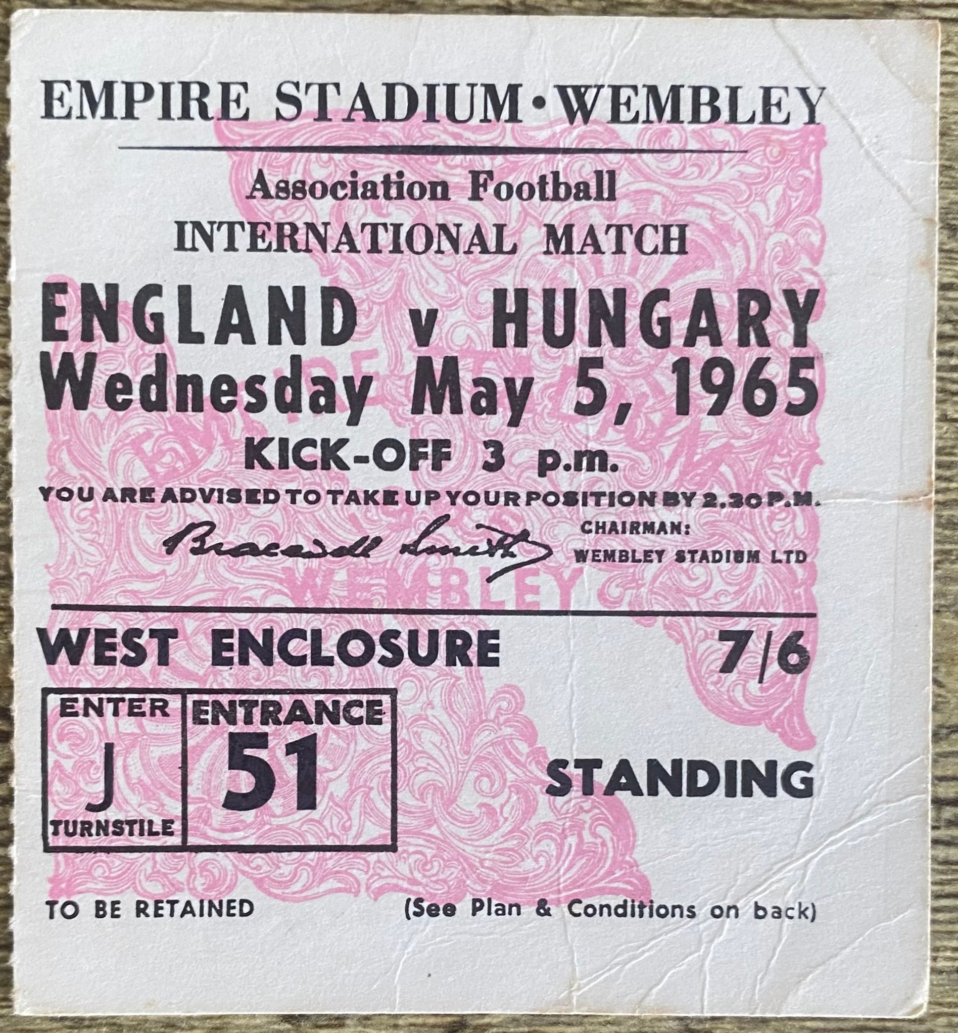 1965 ORIGINAL INTERNATIONAL TICKET ENGLAND V HUNGARY