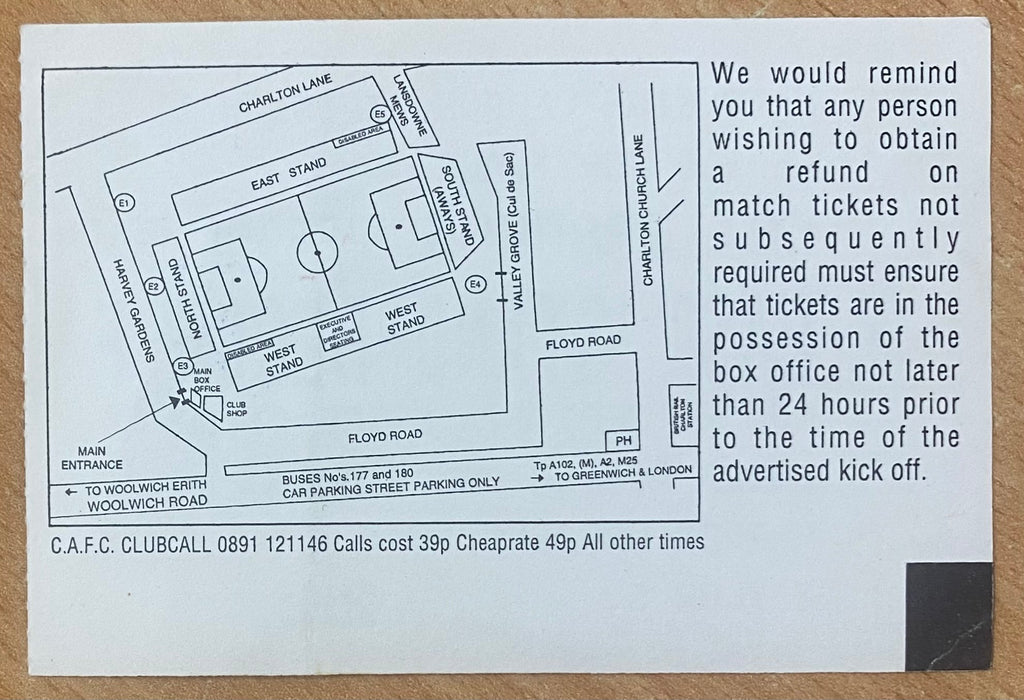 1994/95 ORIGINAL DIVISION 1 TICKET CHARLTON ATHLETIC V PORT VALE