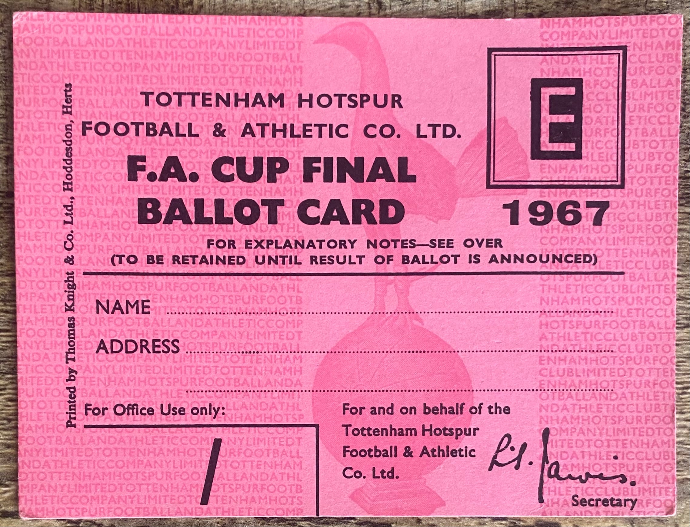 1967 ORIGINAL FA CUP FINAL TICKET TOTTENHAM HOTSPUR BALLOT CARD