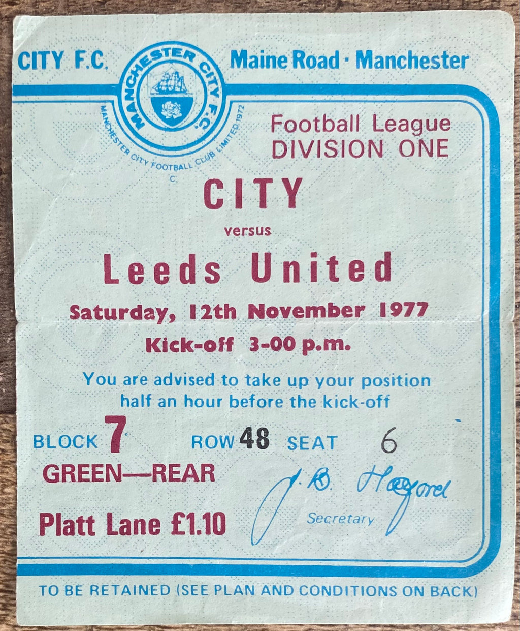 1977/78 ORIGINAL DIVISION 1 TICKET MANCHESTER CITY V LEEDS UNITED