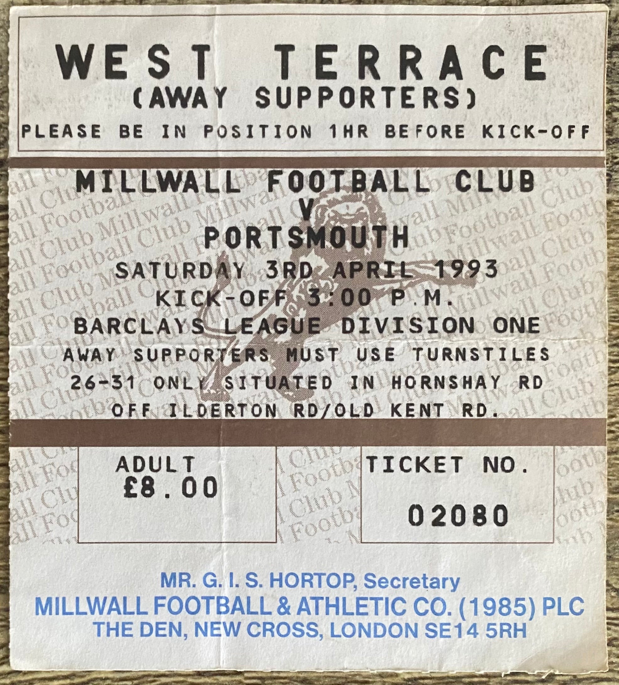 1992/93 ORIGINAL DIVISION 1 TICKET MILLWALL V PORTSMOUTH