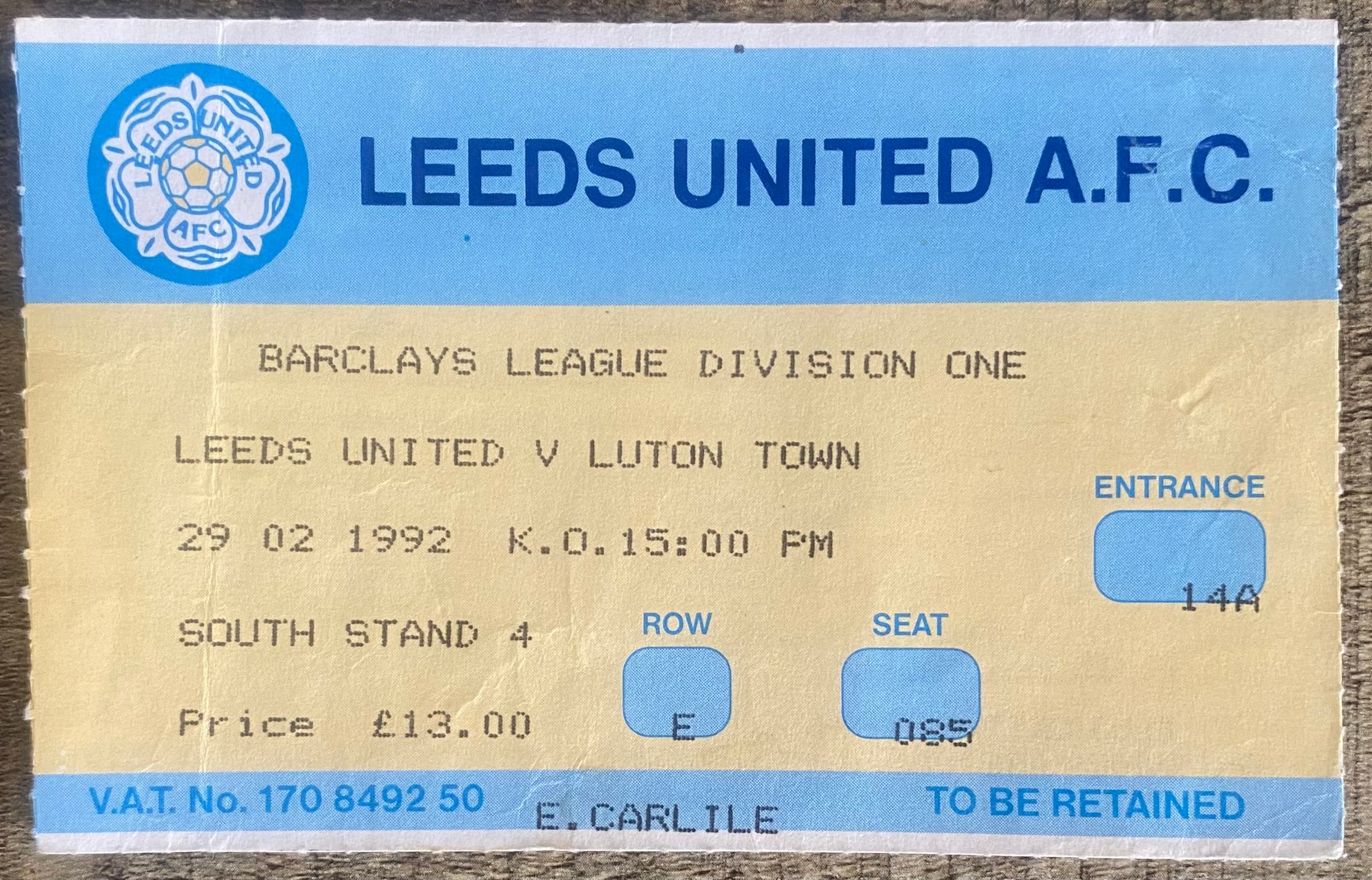 1991/92 ORIGINAL DIVISION 1 TICKET LEEDS UNITED V LUTON TOWN