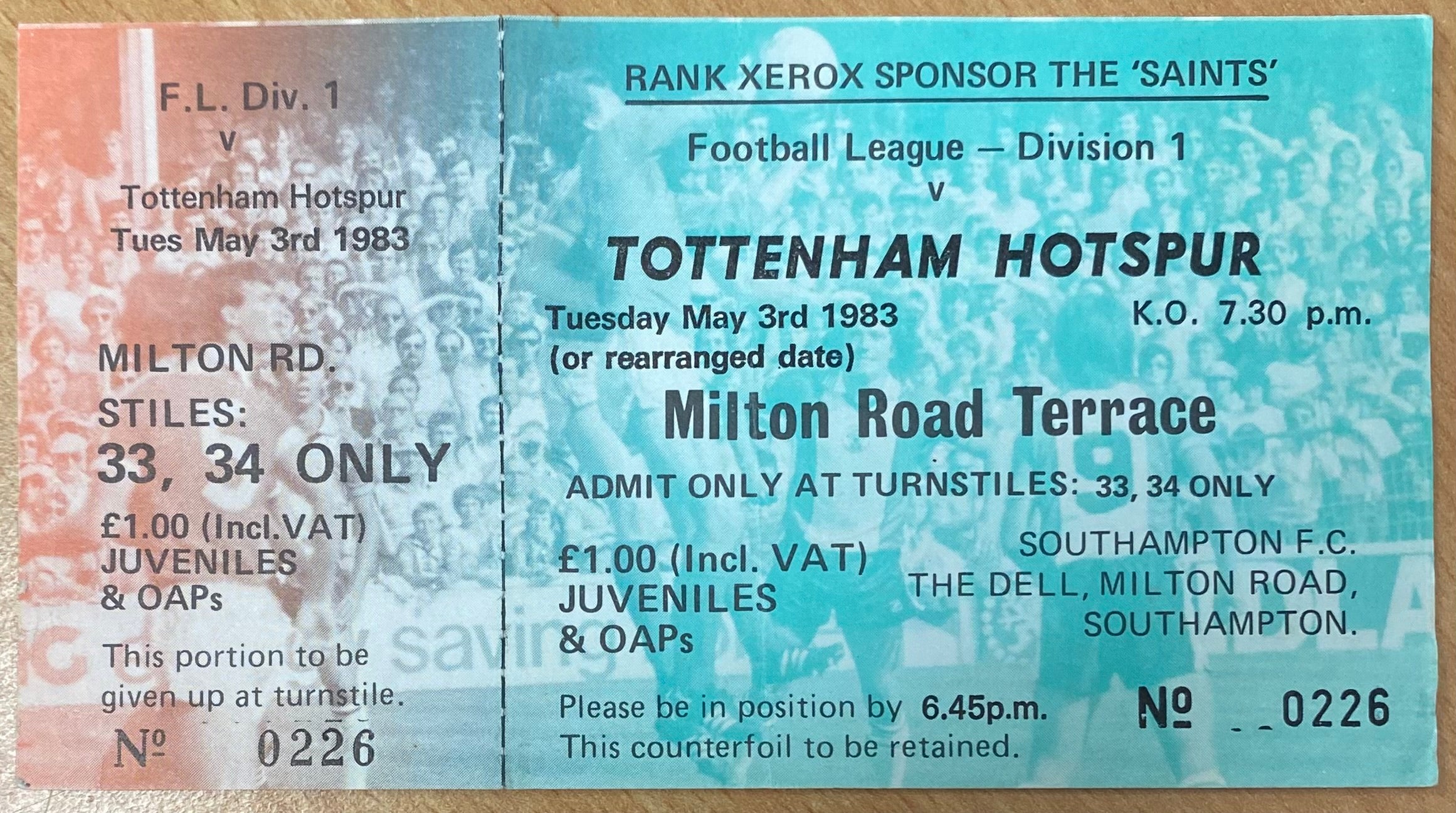 1982/83 ORIGINAL DIVISION ONE UNUSED TICKET SOUTHAMPTON V TOTTENHAM HOTSPUR