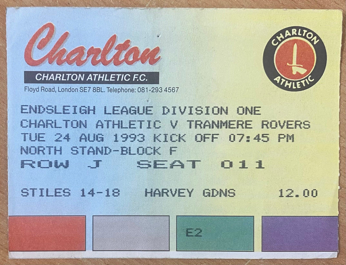 1993/94 ORIGINAL DIVISION 1 TICKET CHARLTON ATHLETIC V TRANMERE ROVERS