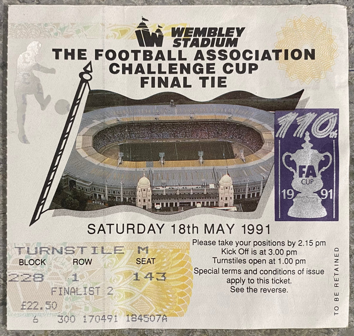 1991 ORIGINAL FA CUP FINAL TICKET TOTTENHAM HOTSPUR V NOTTINGHAM FOREST