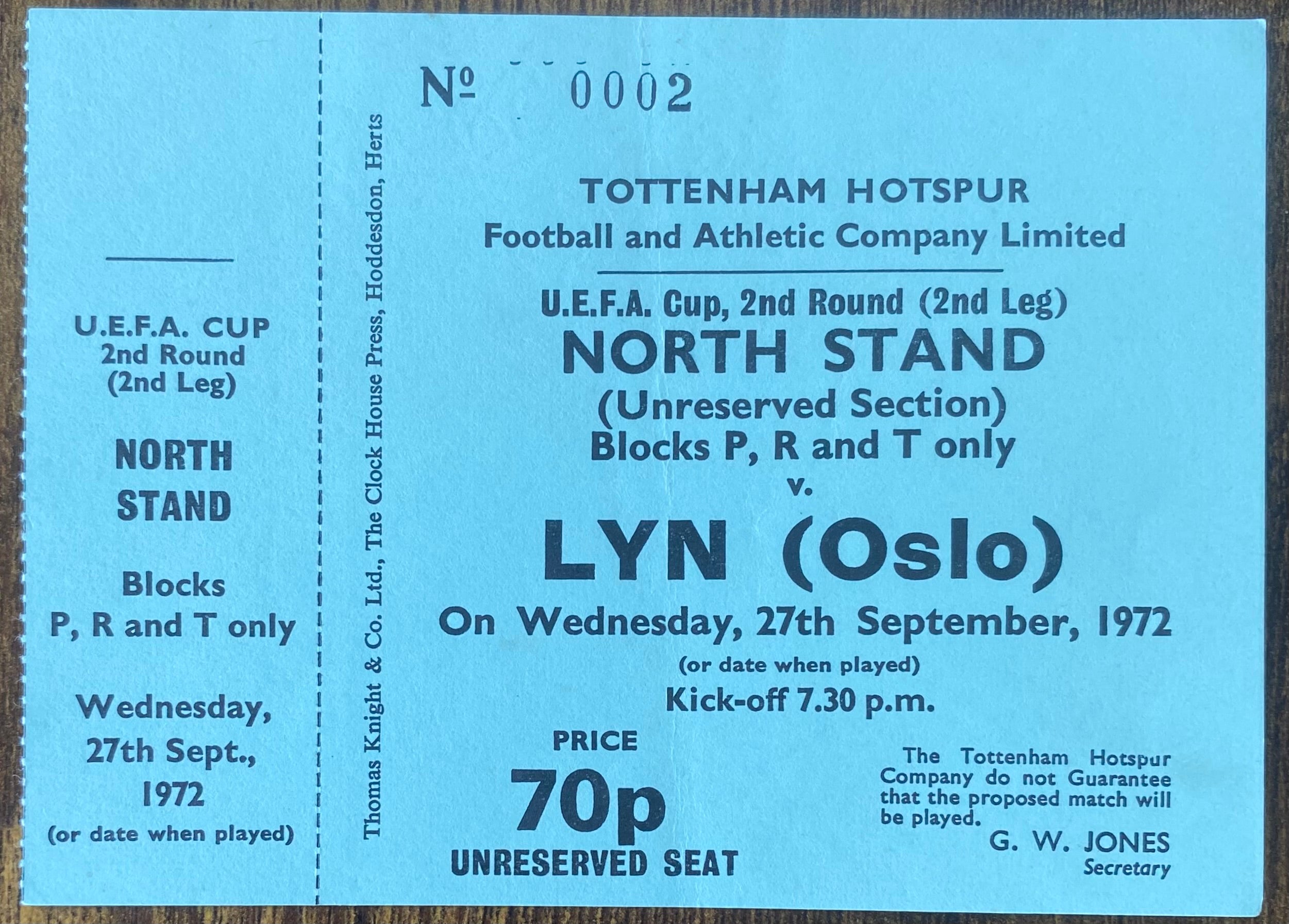 1972/73 ORIGINAL UEFA CUP 2ND ROUND 2ND LEG UNUSED TICKET TOTTENHAM HOTSPUR V LYN OSLO