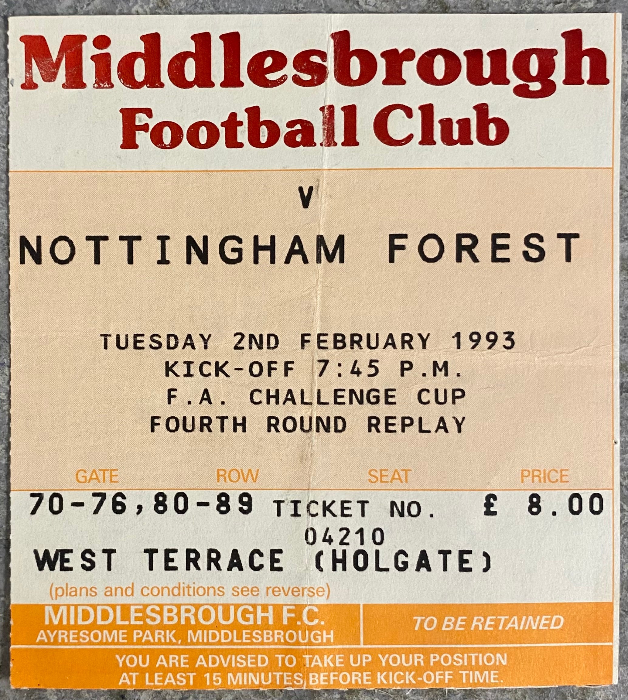 1992/93 ORIGINAL FA CUP 4TH ROUND TICKET MIDDLESBROUGH V NOTTINGHAM FOREST