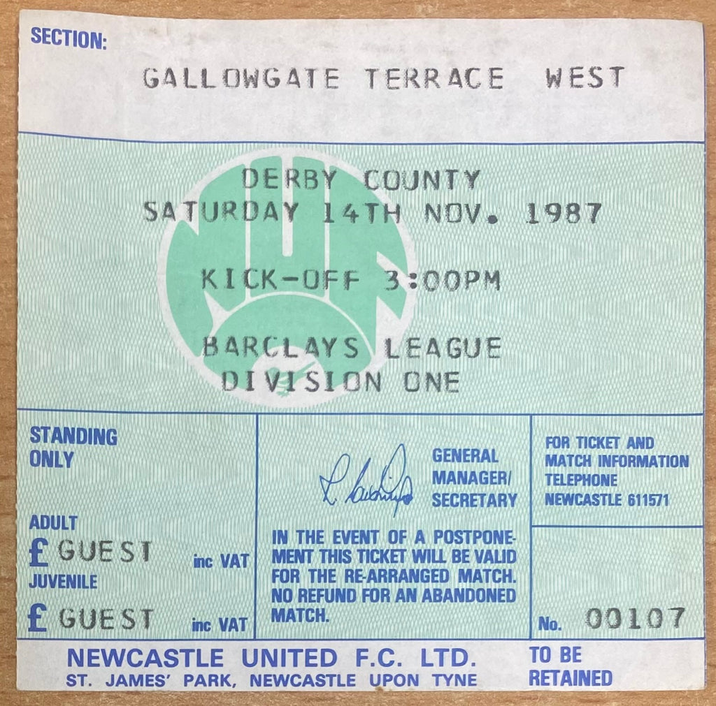 1987/88 ORIGINAL DIVISION 1 TICKET NEWCASTLE UNITED V DERBY COUNTY