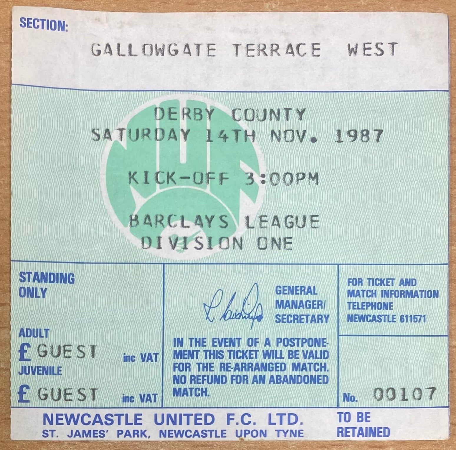 1987/88 ORIGINAL DIVISION 1 TICKET NEWCASTLE UNITED V DERBY COUNTY