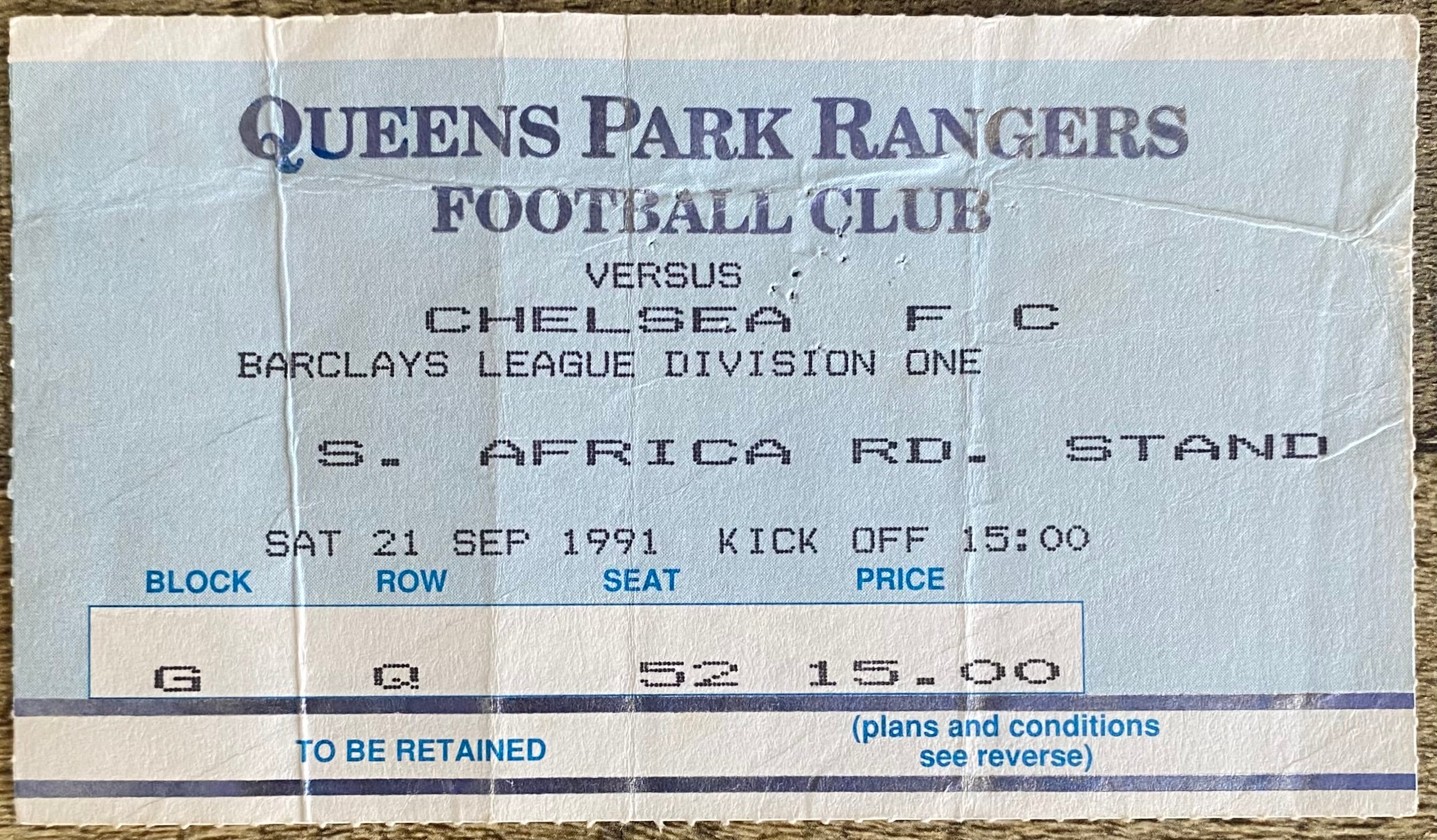 1991/92 ORIGINAL DIVISION 1 TICKET QUEENS PARK RANGERS V CHELSEA