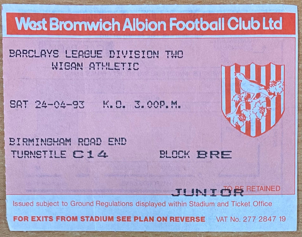 1992/93 ORIGINAL DIVISION 2 TICKET WEST BROMWICH ALBION V WIGAN ATHLETIC