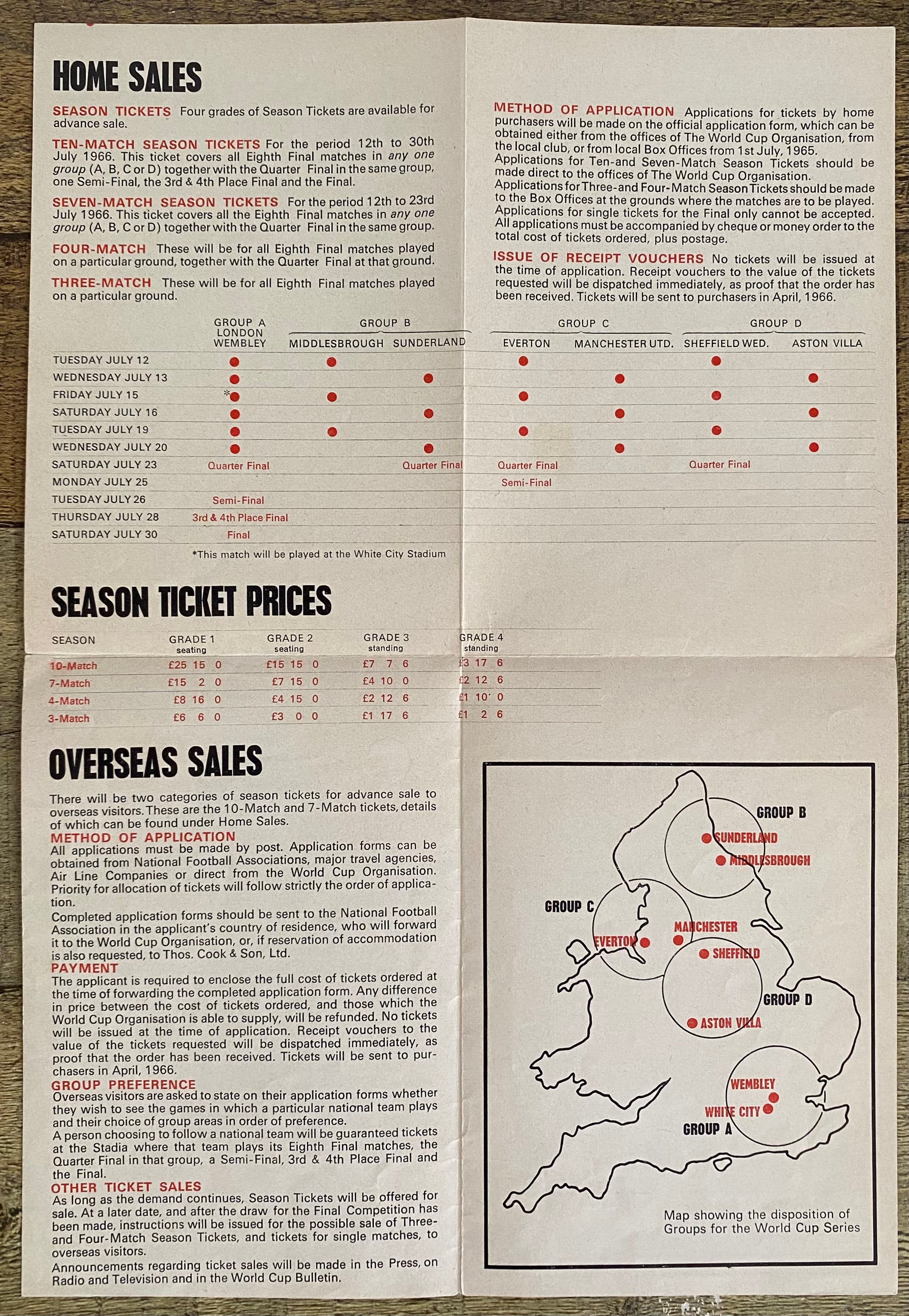 1966 WORLD CUP ORIGINAL OFFICIAL TICKET INFORMATION FOLD OUT BOOKLET