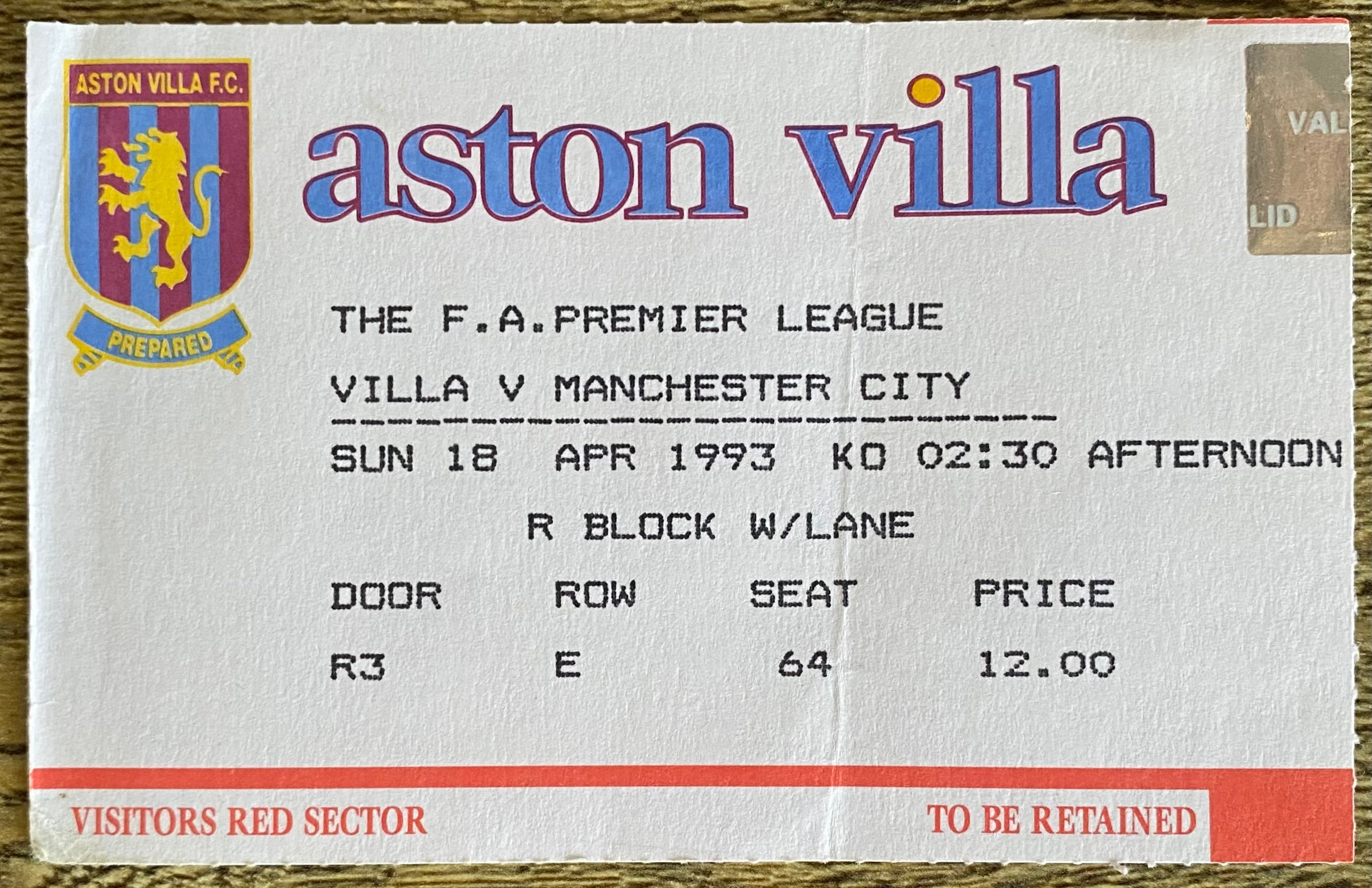 1992/93 ORIGINAL PREMIER LEAGUE TICKET ASTON VILLA V MANCHESTER CITY