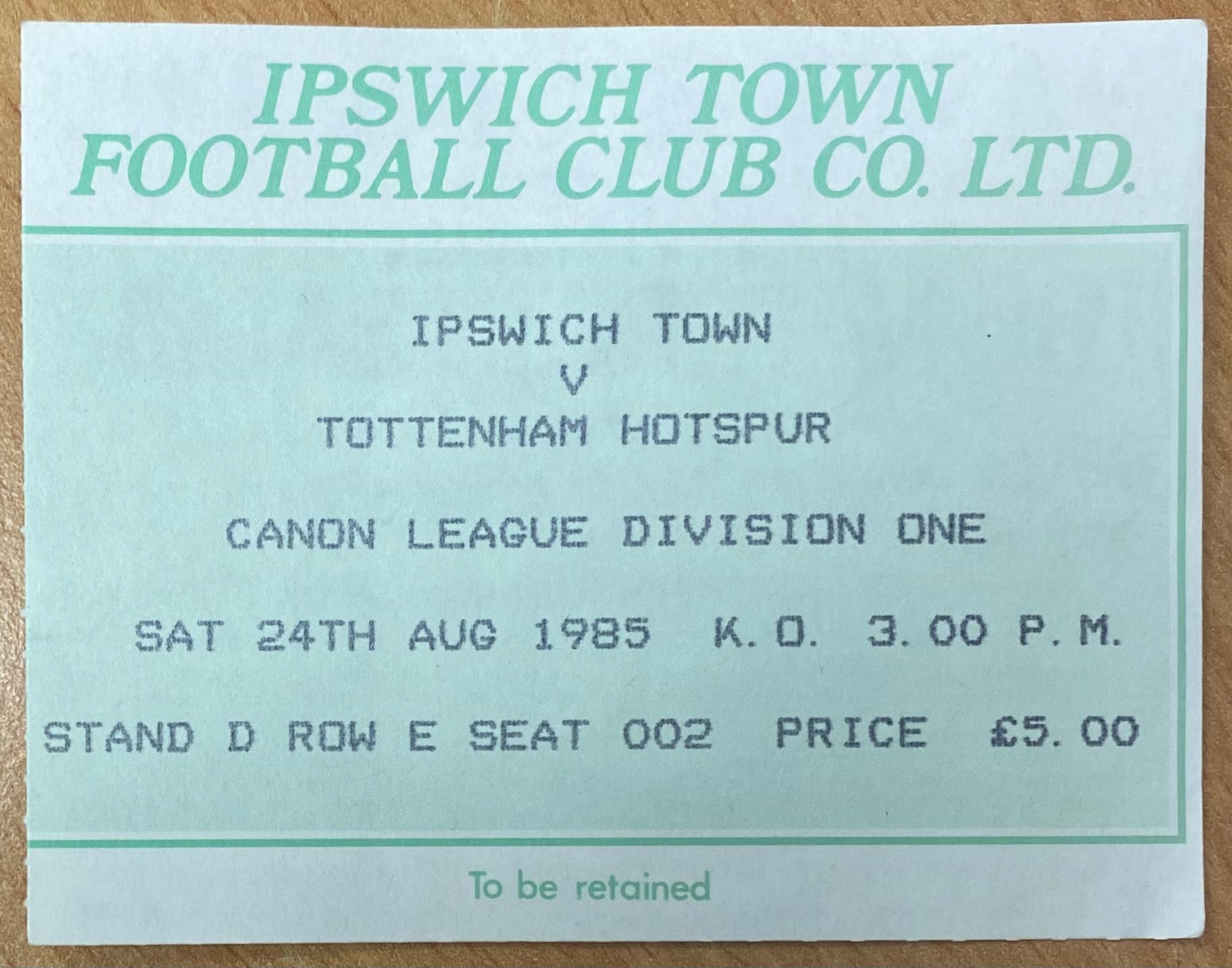 1985/86 ORIGINAL DIVISION ONE TICKET IPSWICH TOWN V TOTTENHAM HOTSPUR