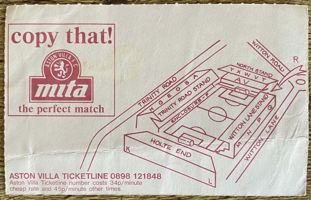1992/93 ORIGINAL PREMIER LEAGUE TICKET ASTON VILLA V LIVERPOOL