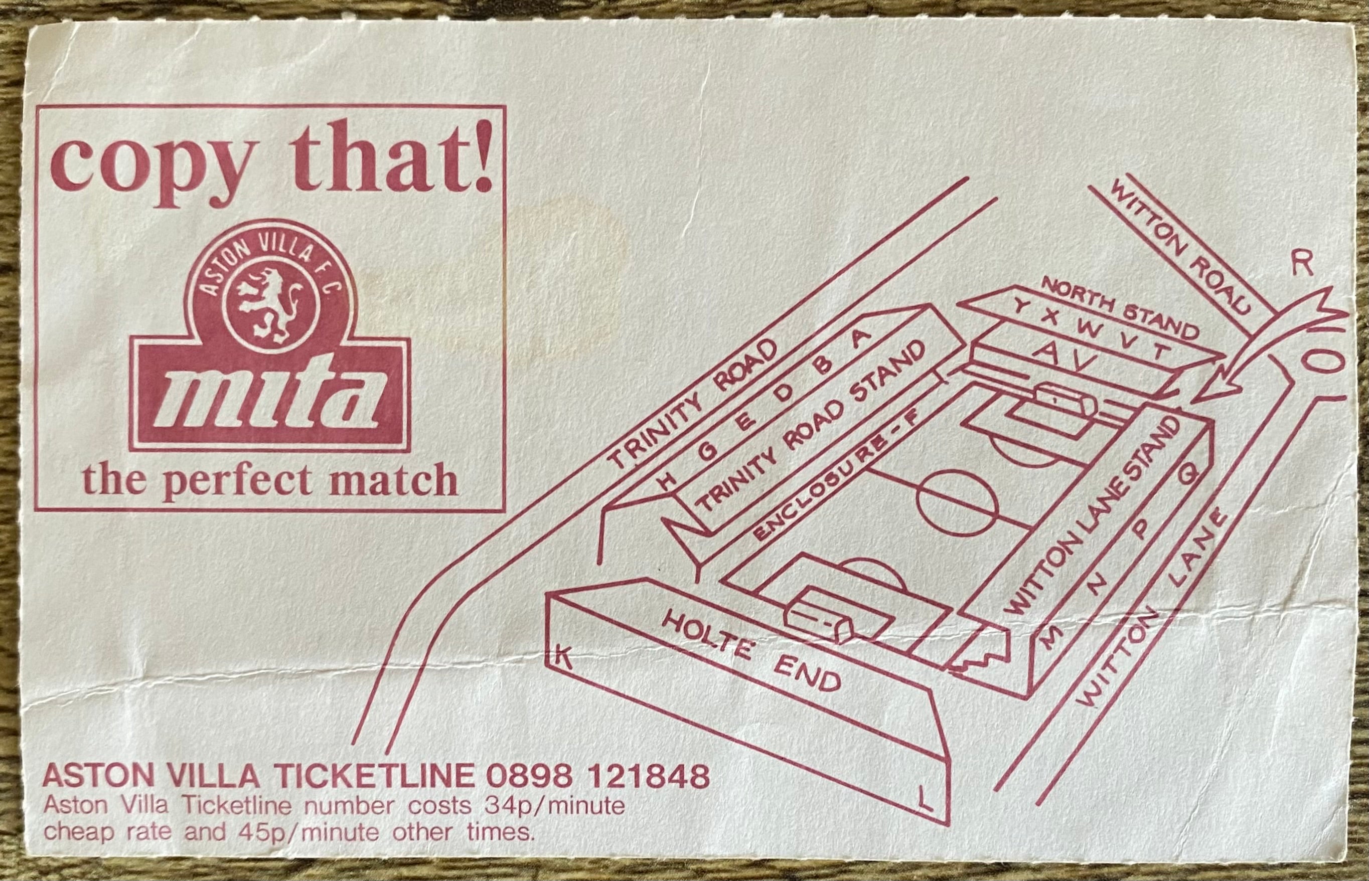 1992/93 ORIGINAL PREMIER LEAGUE TICKET ASTON VILLA V LIVERPOOL