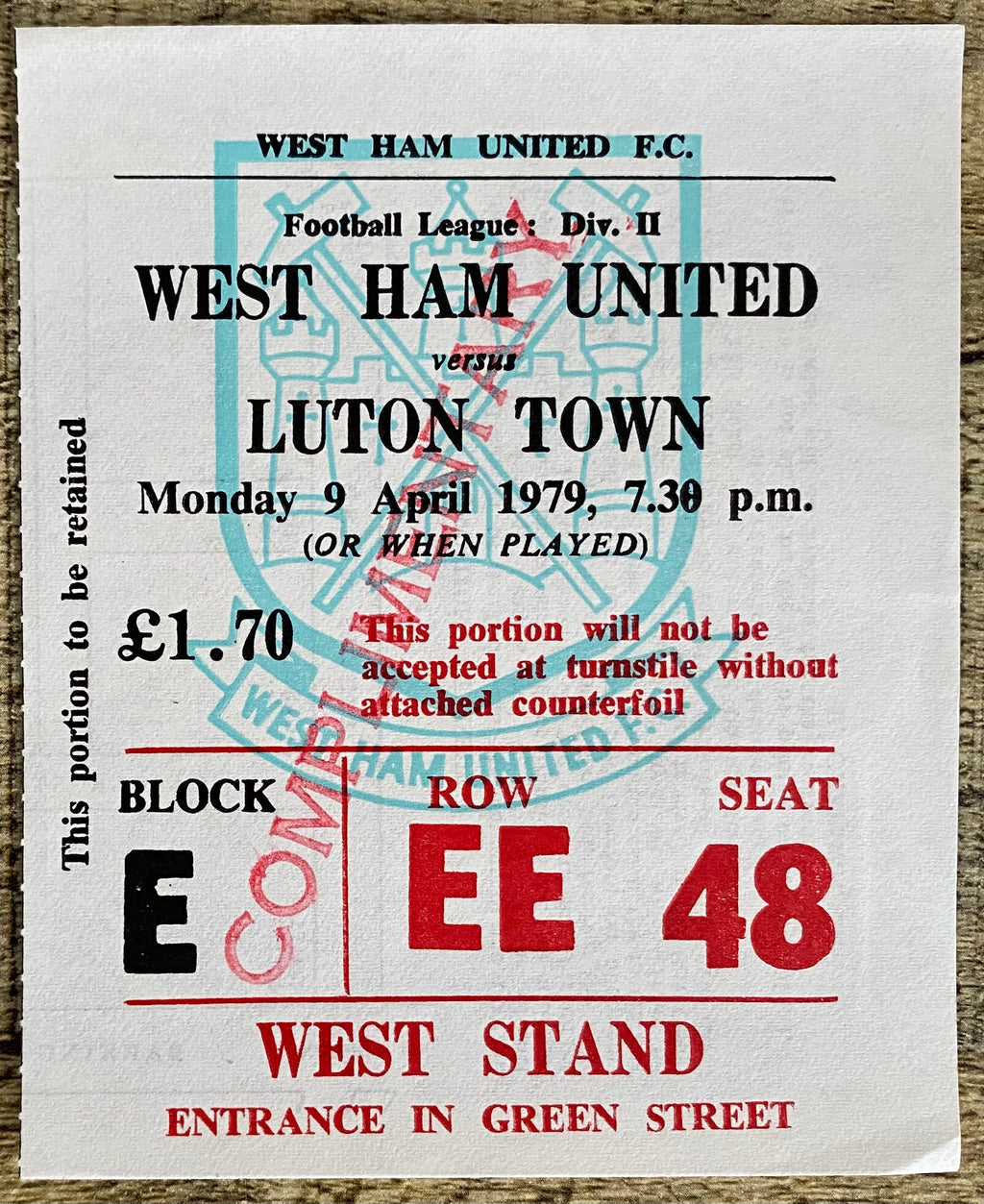 1978/79 ORIGINAL DIVISION 2 TICKET WEST HAM UNITED V LUTON TOWN
