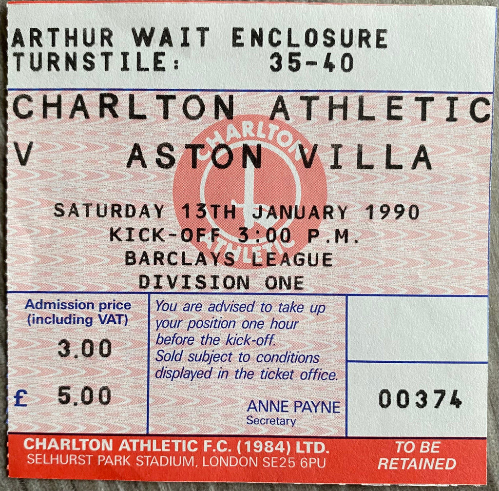 1989/90 ORIGINAL DIVISION ONE TICKET CHARLTON ATHLETIC V ASTON VILLA
