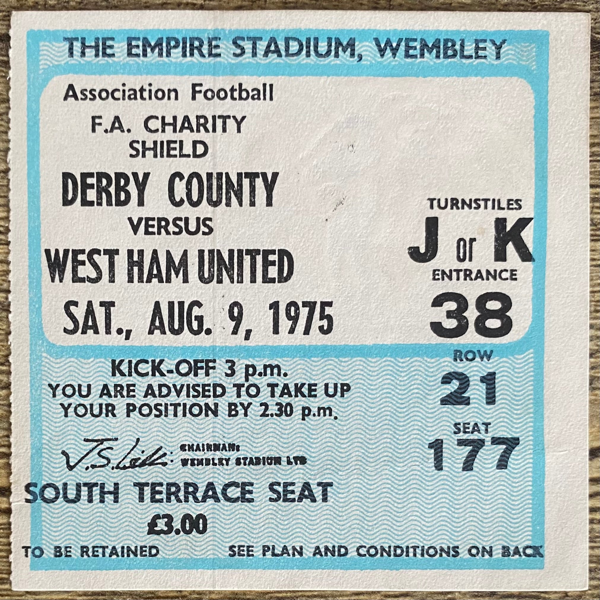 1975 ORIGINAL CHARITY SHIELD TICKET DERBY COUNTY V WEST HAM UNITED