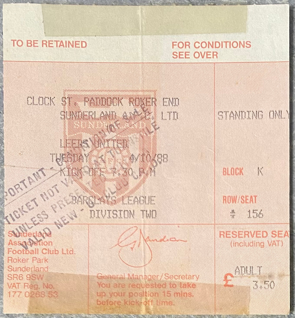 1988/89 ORIGINAL DIVISION TWO TICKET SUNDERLAND V LEEDS UNITED
