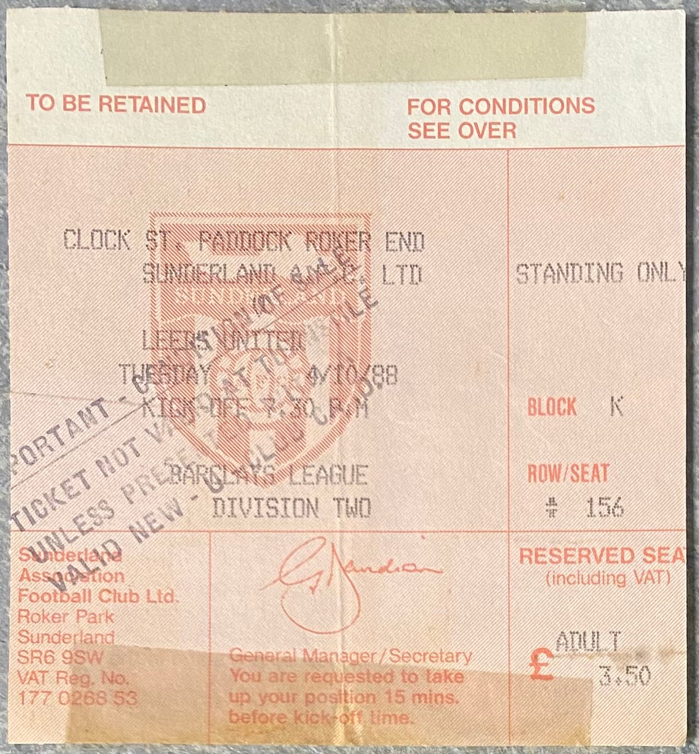 1988/89 ORIGINAL DIVISION TWO TICKET SUNDERLAND V LEEDS UNITED