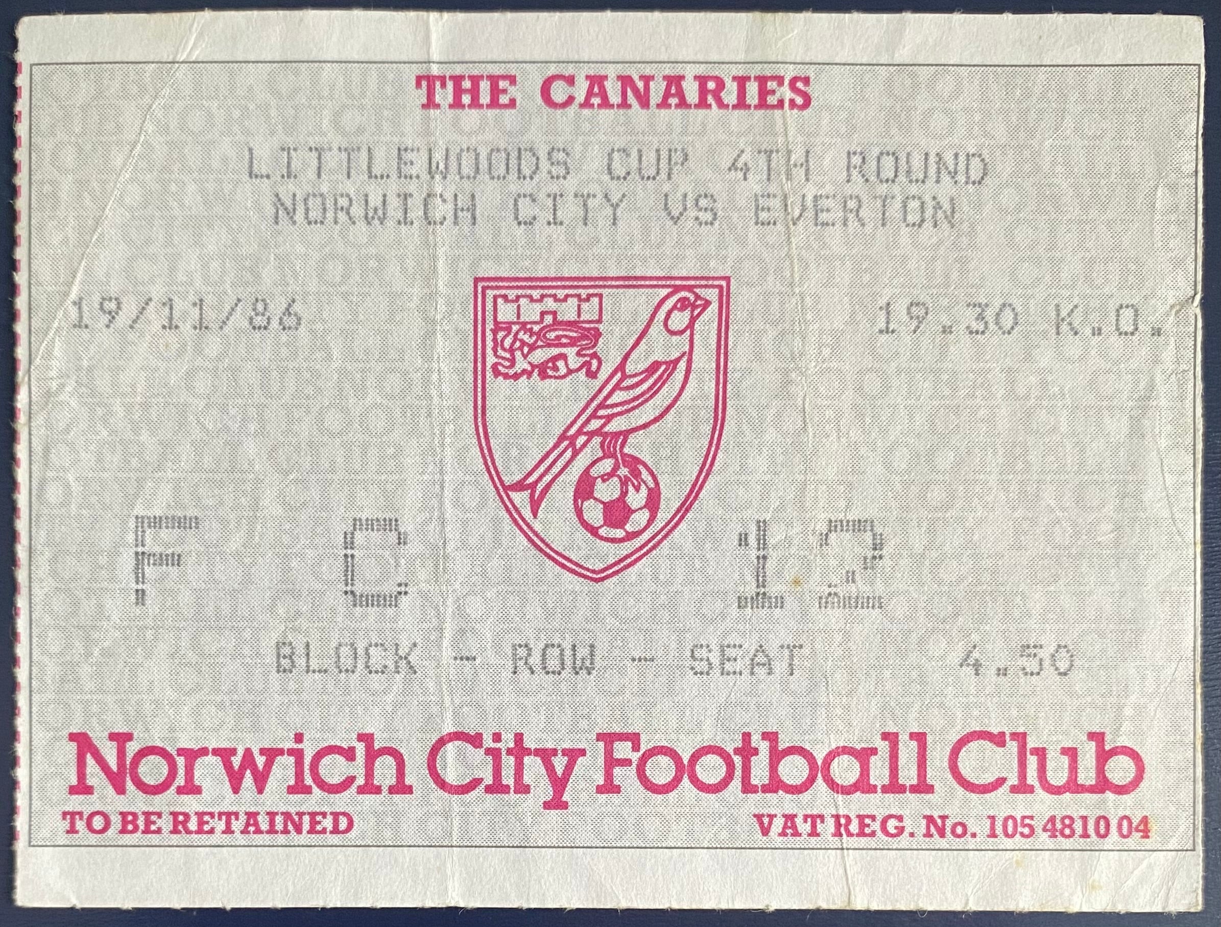 1986/87 ORIGINAL LITTLEWOODS CUP 4TH ROUND TICKET NORWICH CITY V EVERTON