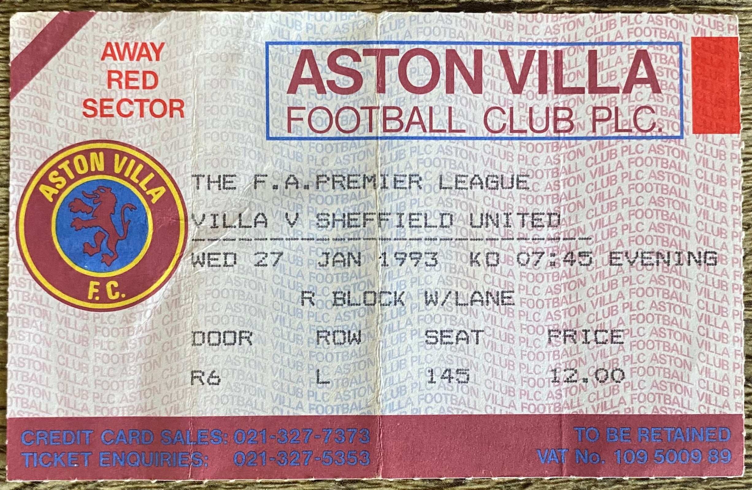 1992/93 ORIGINAL PREMIER LEAGUE TICKET ASTON VILLA V SHEFFIELD UNITED