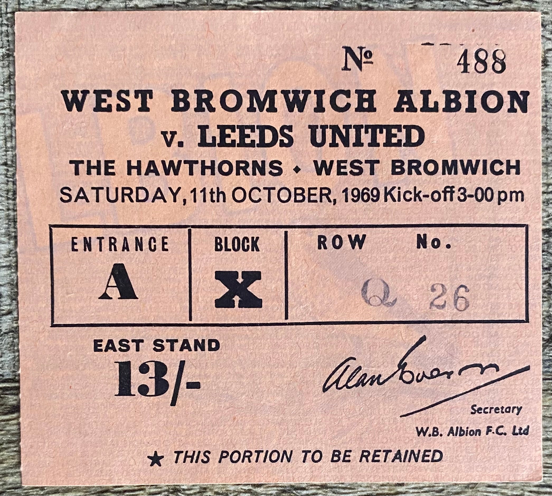 1969/70 ORIGINAL DIVISION 1 TICKET WEST BROMWICH ALBION V LEEDS UNITED