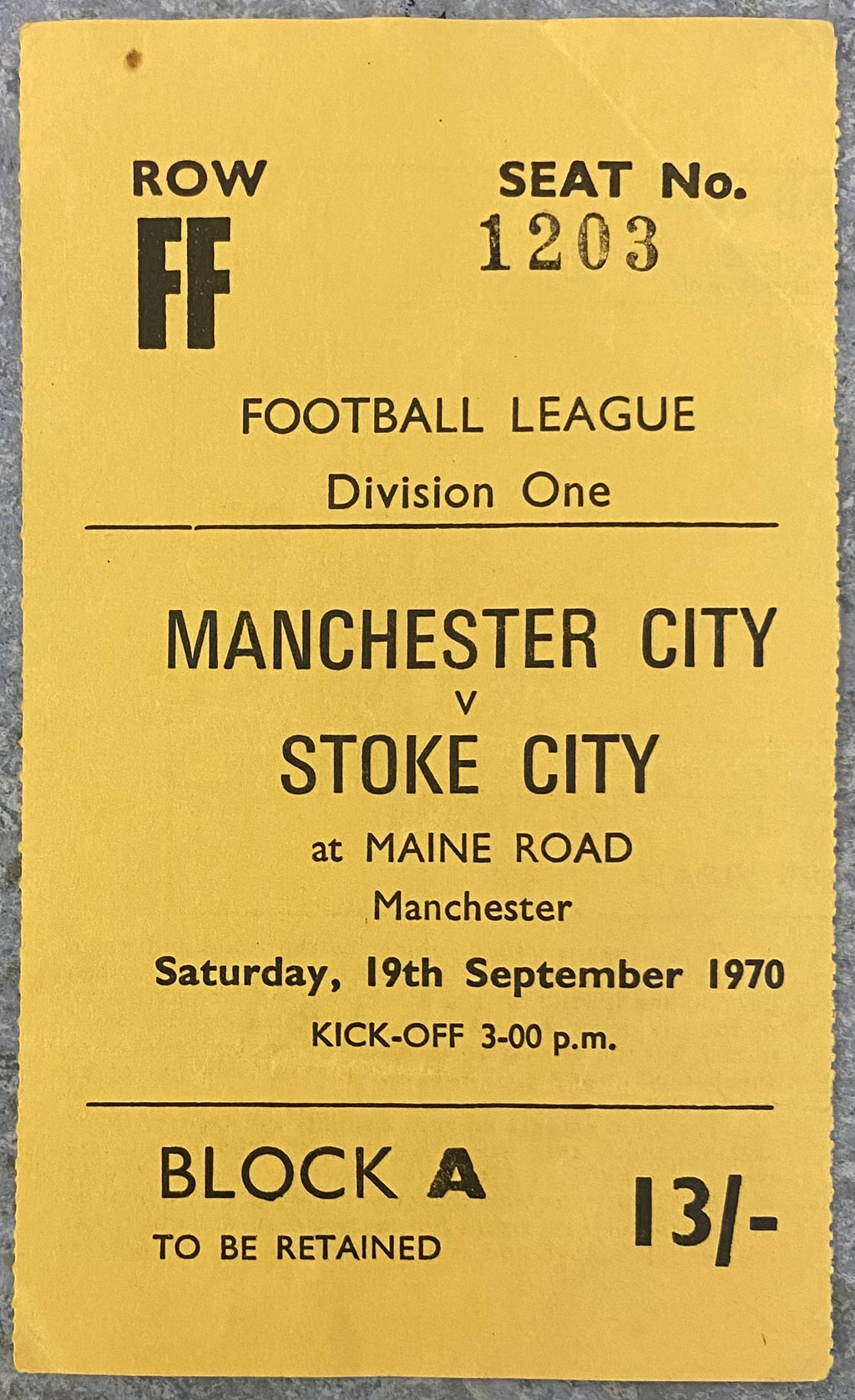 1970/71 ORIGINAL DIVISION 1 TICKET MANCHESTER CITY V STOKE CITY