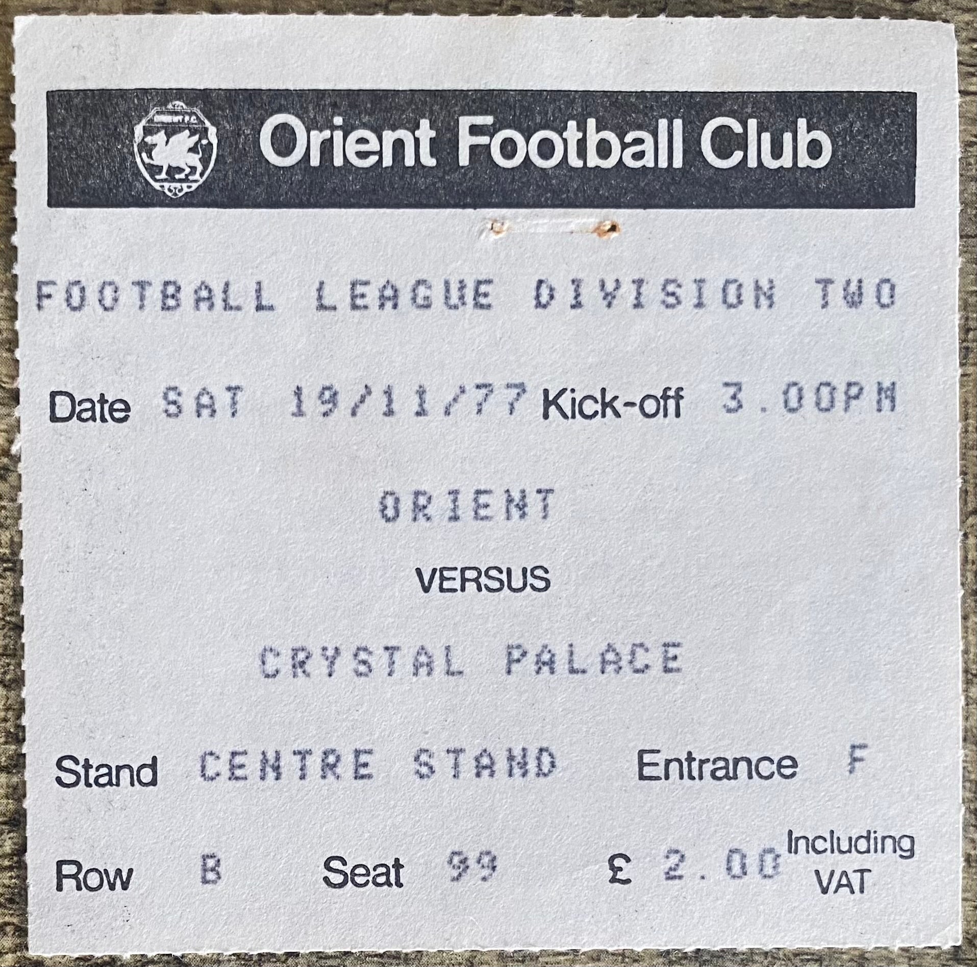 1977/78 ORIGINAL DIVISION 2 TICKET ORIENT V CRYSTAL PALACE