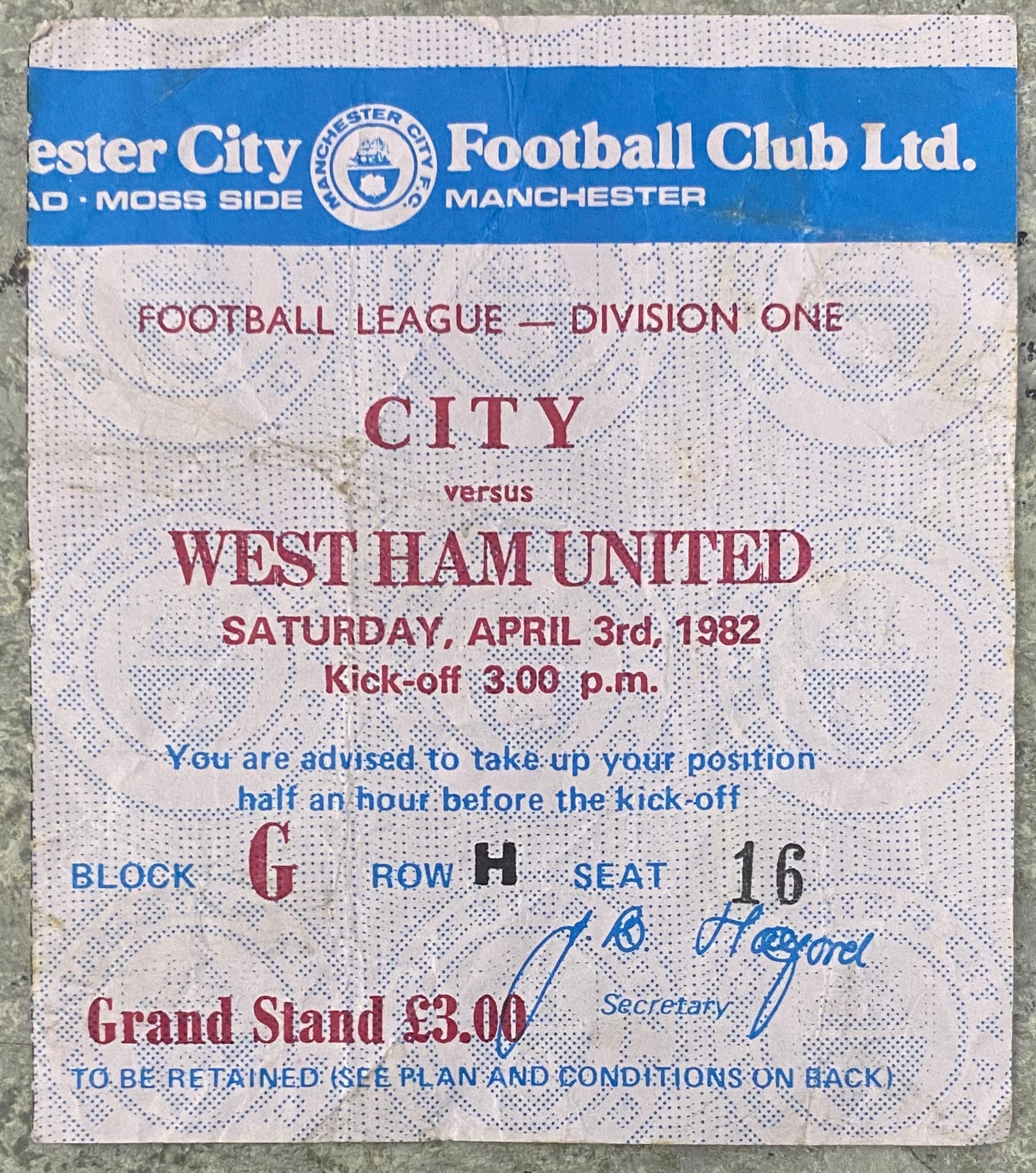 1981/82 ORIGINAL DIVISION 1 TICKET MANCHESTER CITY V WEST HAM UNITED