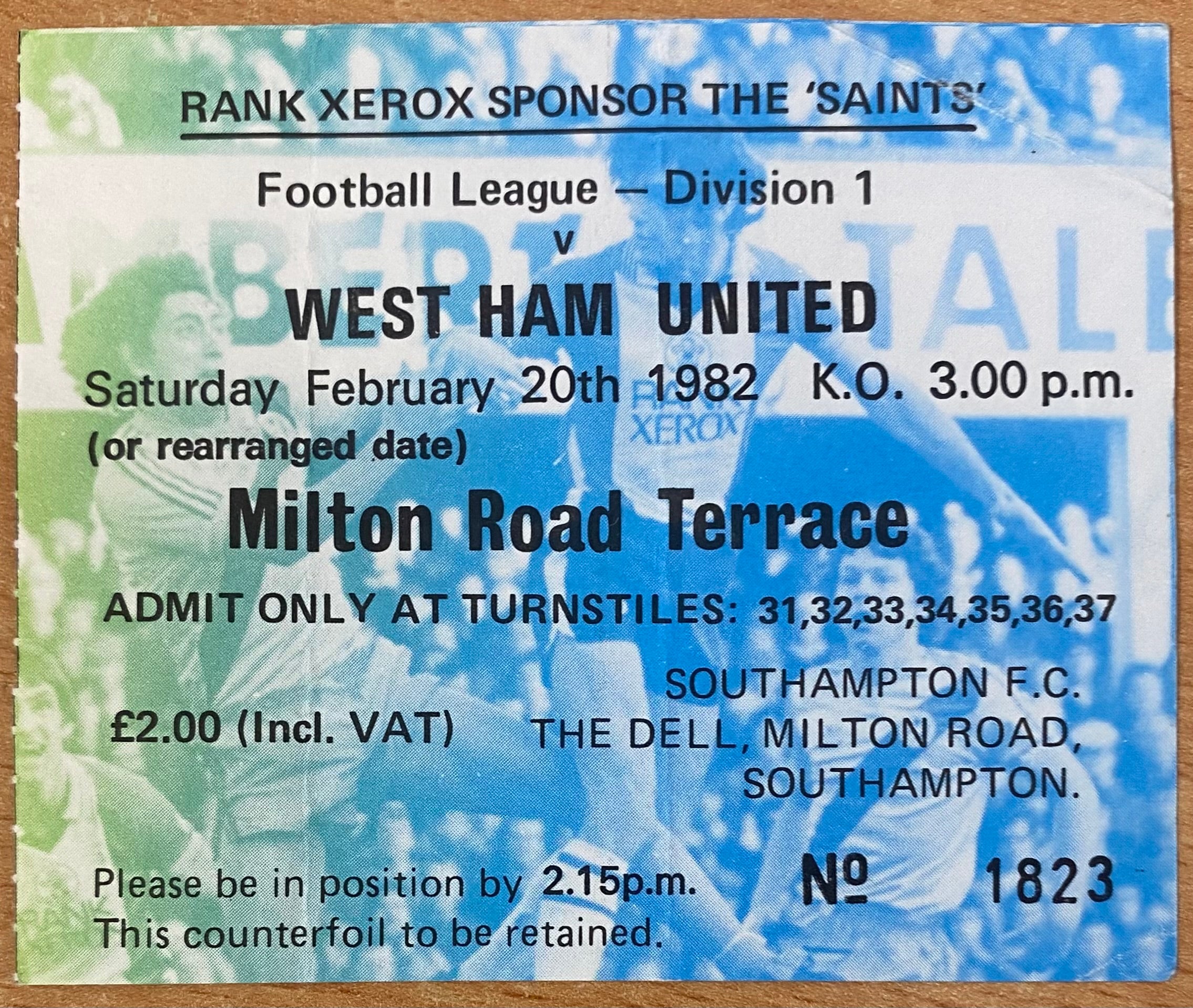 1981/82 ORIGINAL DIVISION ONE TICKET SOUTHAMPTON V WEST HAM UNITED