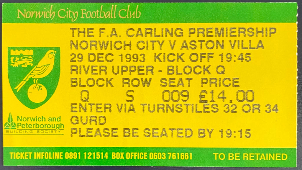 1993/94 ORIGINAL FA PREMIERSHIP TICKET NORWICH CITY V ASTON VILLA
