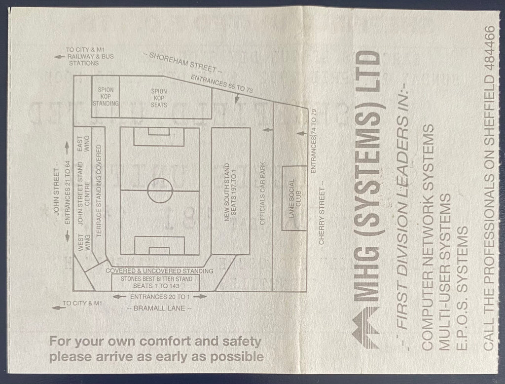 1991/92 ORIGINAL DIVISION 1 TICKET SHEFFIELD UNITED V LEEDS UNITED