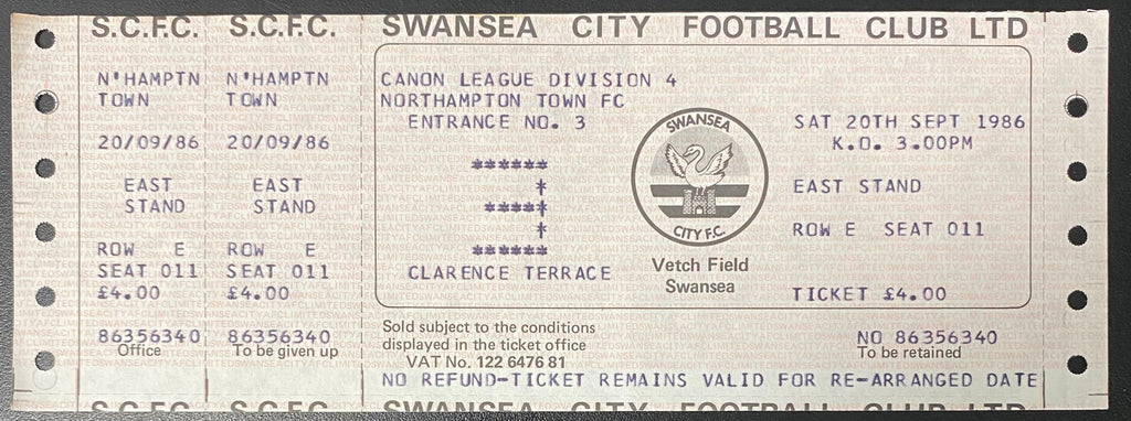1986/87 ORIGINAL DIVISION 4 TICKET SWANSEA CITY V NORTHAMPTON TOWN