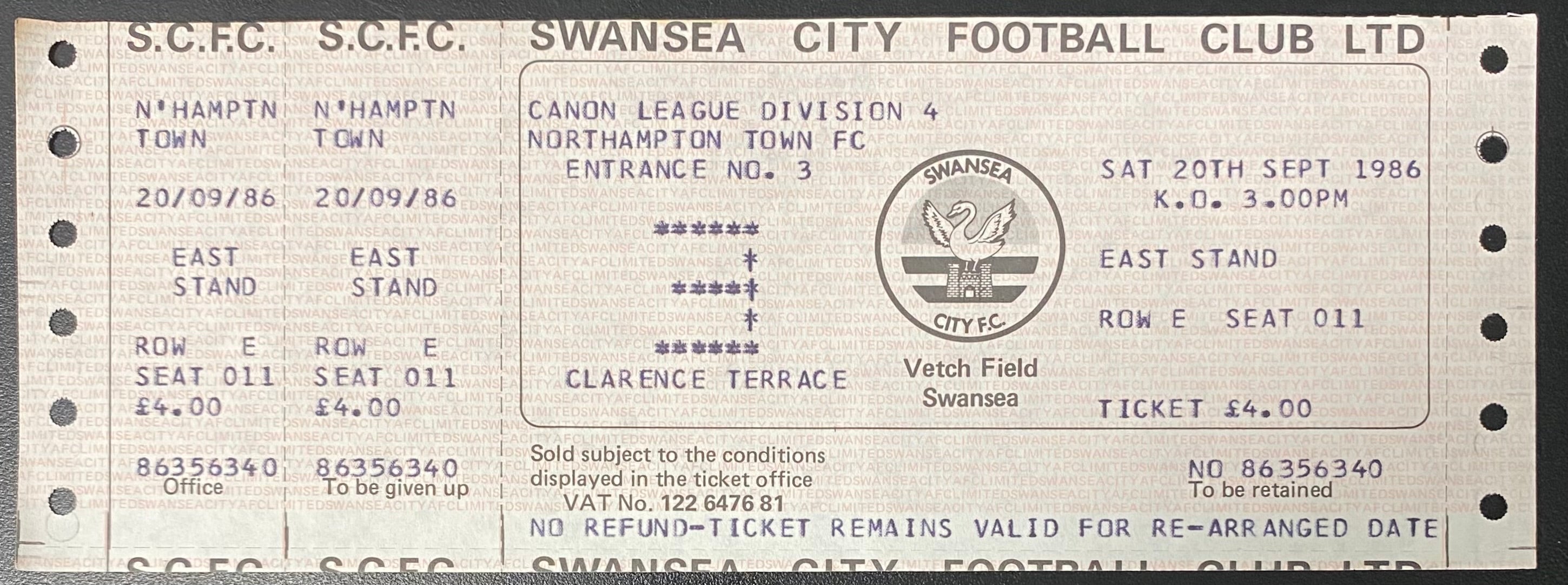 1986/87 ORIGINAL DIVISION 4 TICKET SWANSEA CITY V NORTHAMPTON TOWN